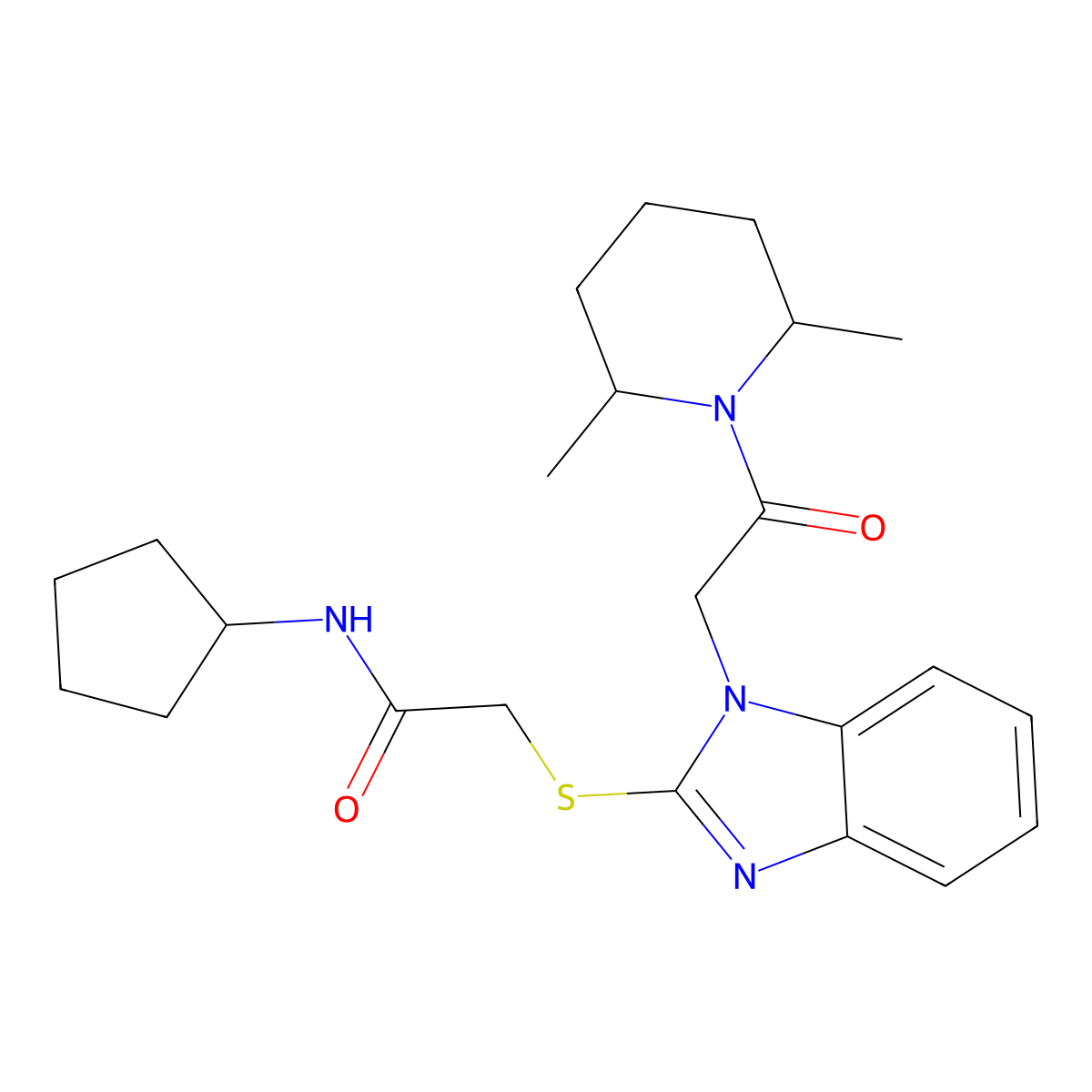 N-Cyclopentyl-2-({1-[2-(2,6-dimethyl-1-piperidinyl)-2-oxoethyl]-1H-benzimidazol-2-yl}sulfanyl)acetamide molecular structure, CAS 606110-29-6