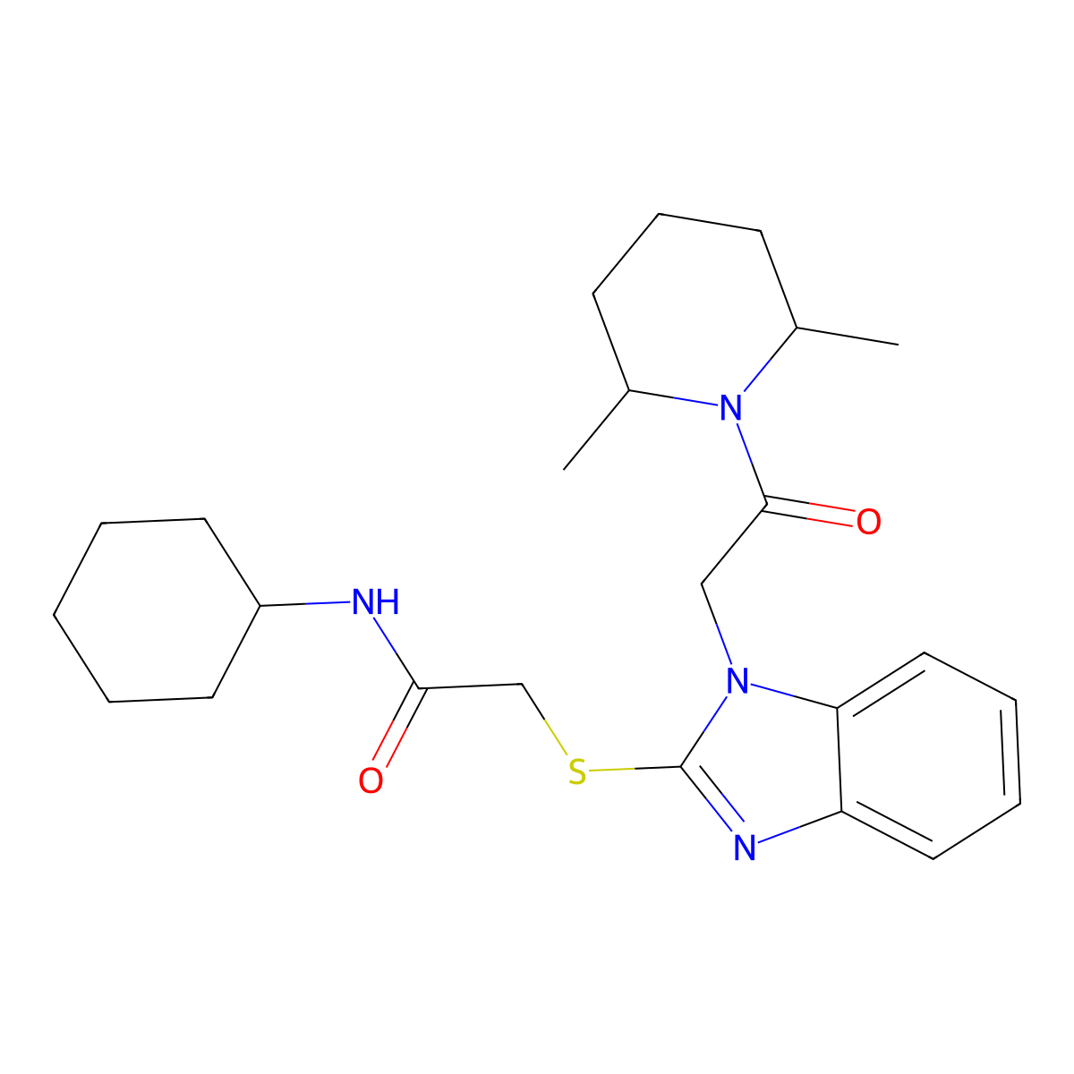 N-Cyclohexyl-2-({1-[2-(2,6-dimethyl-1-piperidinyl)-2-oxoethyl]-1H-benzimidazol-2-yl}sulfanyl)acetamide molecular structure, CAS 606110-31-0