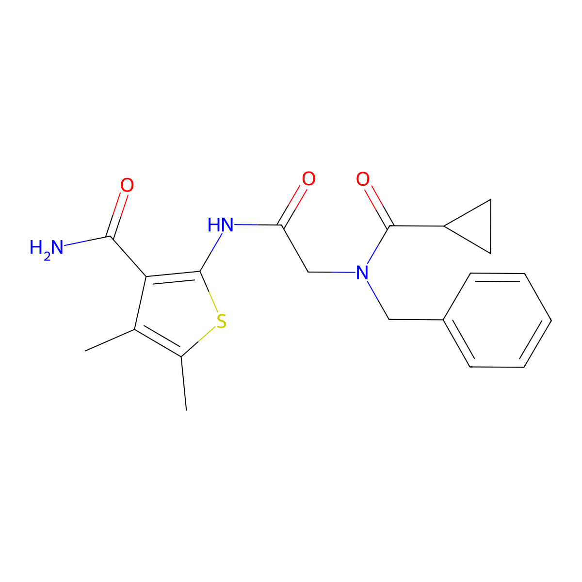 2-{2-[cyclopropyl-N-benzylcarbonylamino]acetylamino}-4,5-dimethylthiophene-3-c arboxamide molecular structure, CAS 606110-32-1