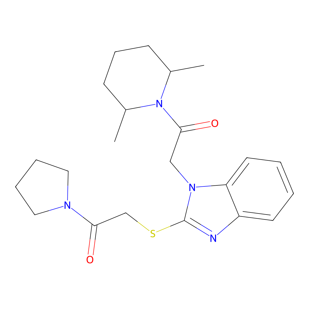 Piperidine, 2,6-dimethyl-1-[[2-[[2-oxo-2-(1-pyrrolidinyl)ethyl]thio]-1H-benzimidazol-1-YL]acetyl]- molecular structure, CAS 606110-33-2