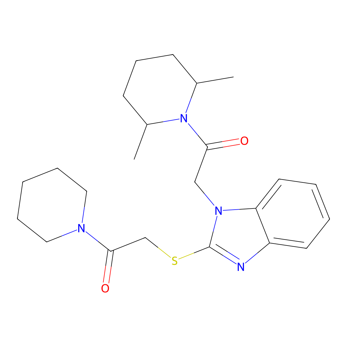 Piperidine, 2,6-dimethyl-1-[[2-[[2-oxo-2-(1-piperidinyl)ethyl]thio]-1H-benzimidazol-1-YL]acetyl]- molecular structure, CAS 606110-35-4