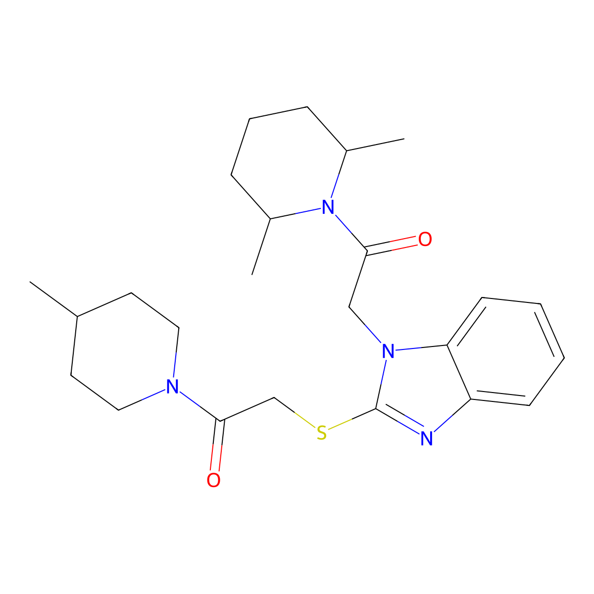 Piperidine, 2,6-dimethyl-1-[[2-[[2-(4-methyl-1-piperidinyl)-2-oxoethyl]thio]-1H-benzimidazol-1-YL]acetyl]- molecular structure, CAS 606110-37-6