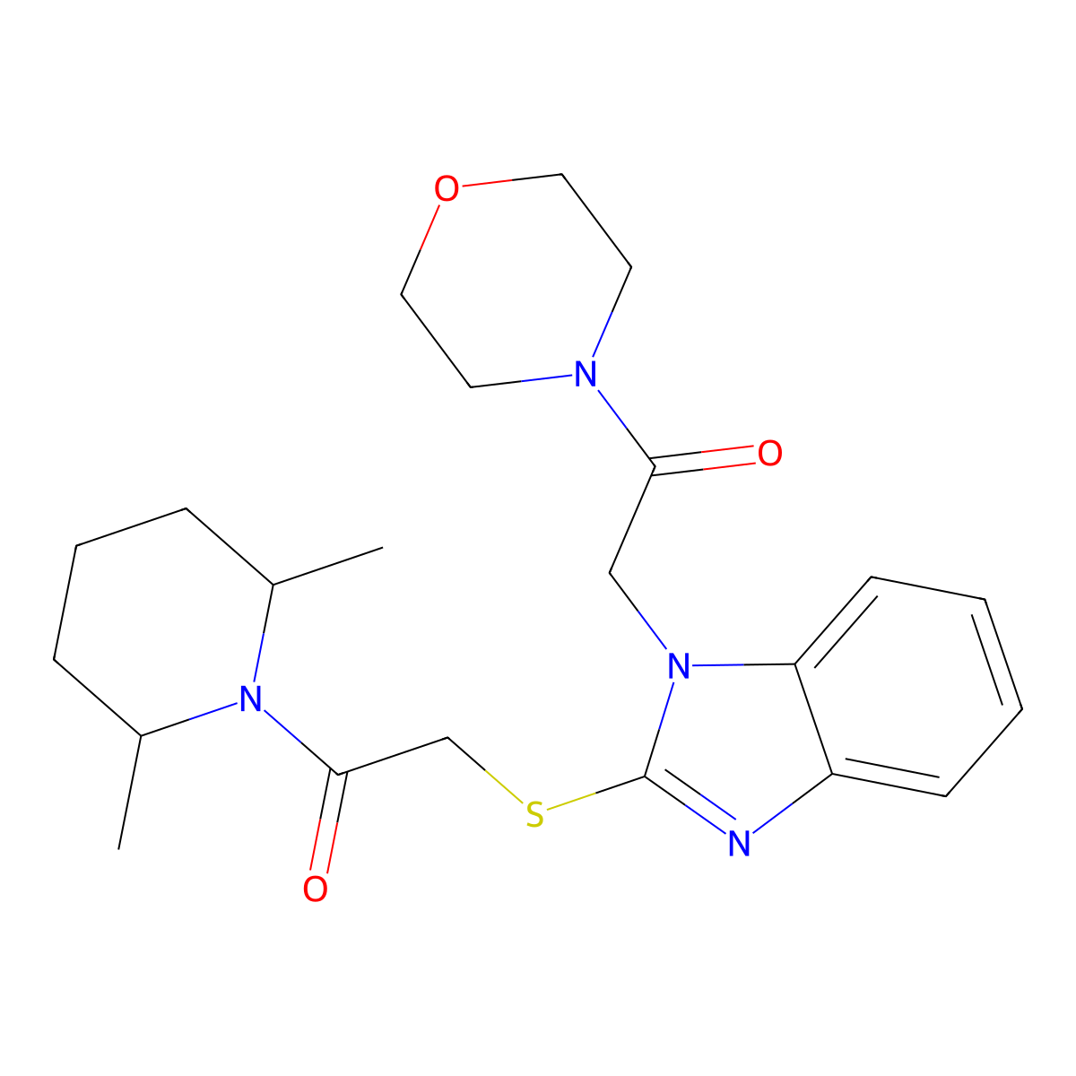 2-[2-[2-(2,6-Dimethylpiperidin-1-yl)-2-oxoethyl]sulfanylbenzimidazol-1-yl]-1-morpholin-4-ylethanone molecular structure, CAS 606110-63-8