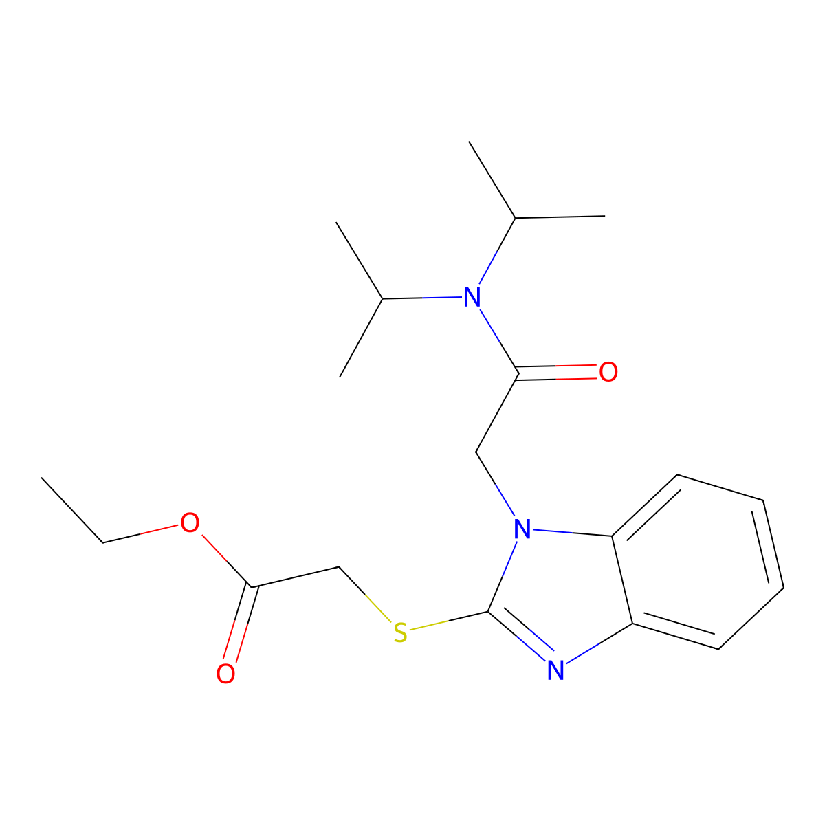 {1-[(Diisopropylcarbamoyl)-methyl]-1H-benzoimidazol-2-ylsulfanyl}-acetic acid ethyl ester molecular structure, CAS 606111-08-4