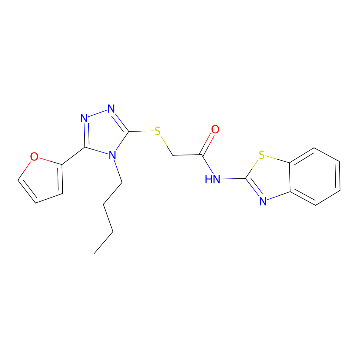 N-(1,3-benzothiazol-2-yl)-2-[[4-butyl-5-(furan-2-yl)-1,2,4-triazol-3-yl]sulfanyl]acetamide molecular structure, CAS 606111-49-3