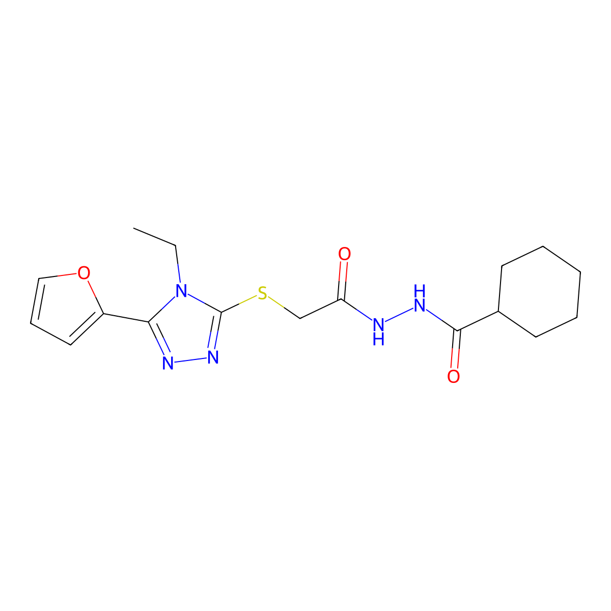 N'-[2-[[4-ethyl-5-(furan-2-yl)-1,2,4-triazol-3-yl]sulfanyl]acetyl]cyclohexanecarbohydrazide molecular structure, CAS 606111-53-9