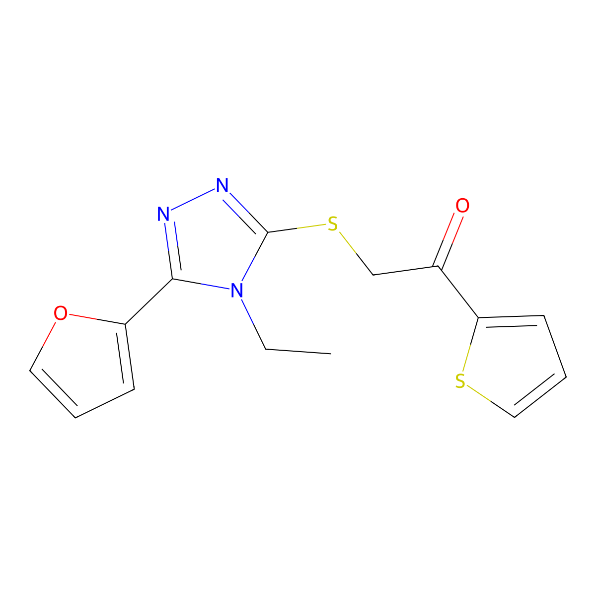 2-((4-Ethyl-5-(furan-2-yl)-4H-1,2,4-triazol-3-yl)thio)-1-(thiophen-2-yl)ethanone molecular structure, CAS 606111-59-5