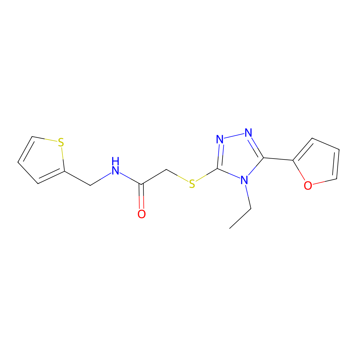 2-(4-Ethyl-5-furan-2-yl-4H-[1,2,4]triazol-3-ylsulfanyl)-N-thiophen-2-ylmethyl-acetamide molecular structure, CAS 606111-61-9