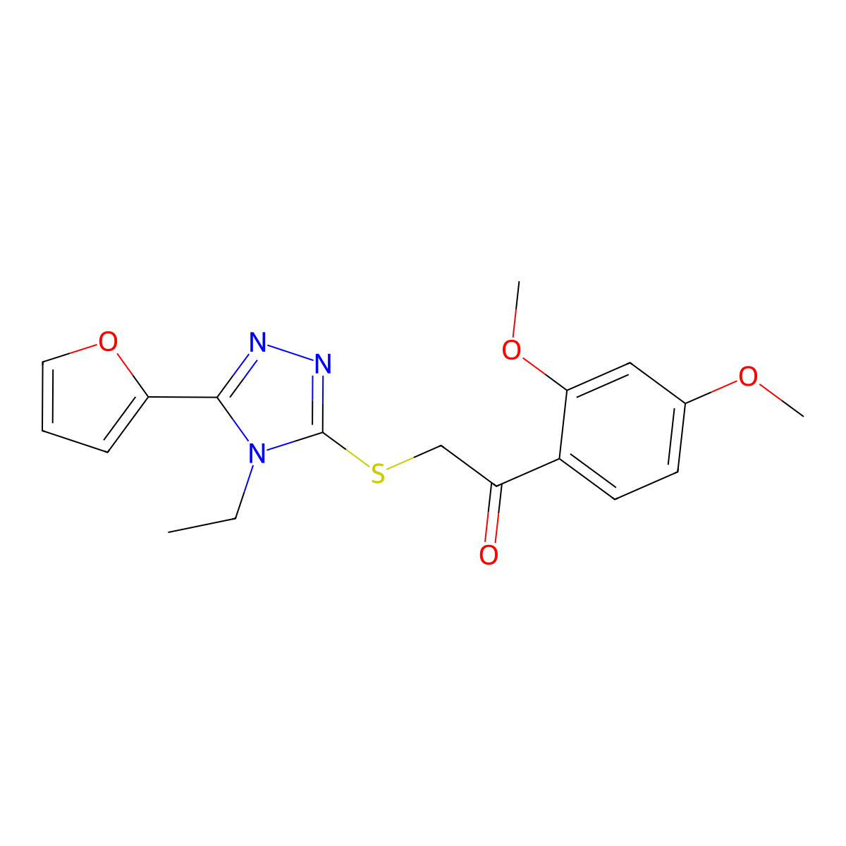 Ethanone, 1-(2,4-dimethoxyphenyl)-2-[[4-ethyl-5-(2-furanyl)-4H-1,2,4-triazol-3-YL]thio]- molecular structure, CAS 606111-68-6
