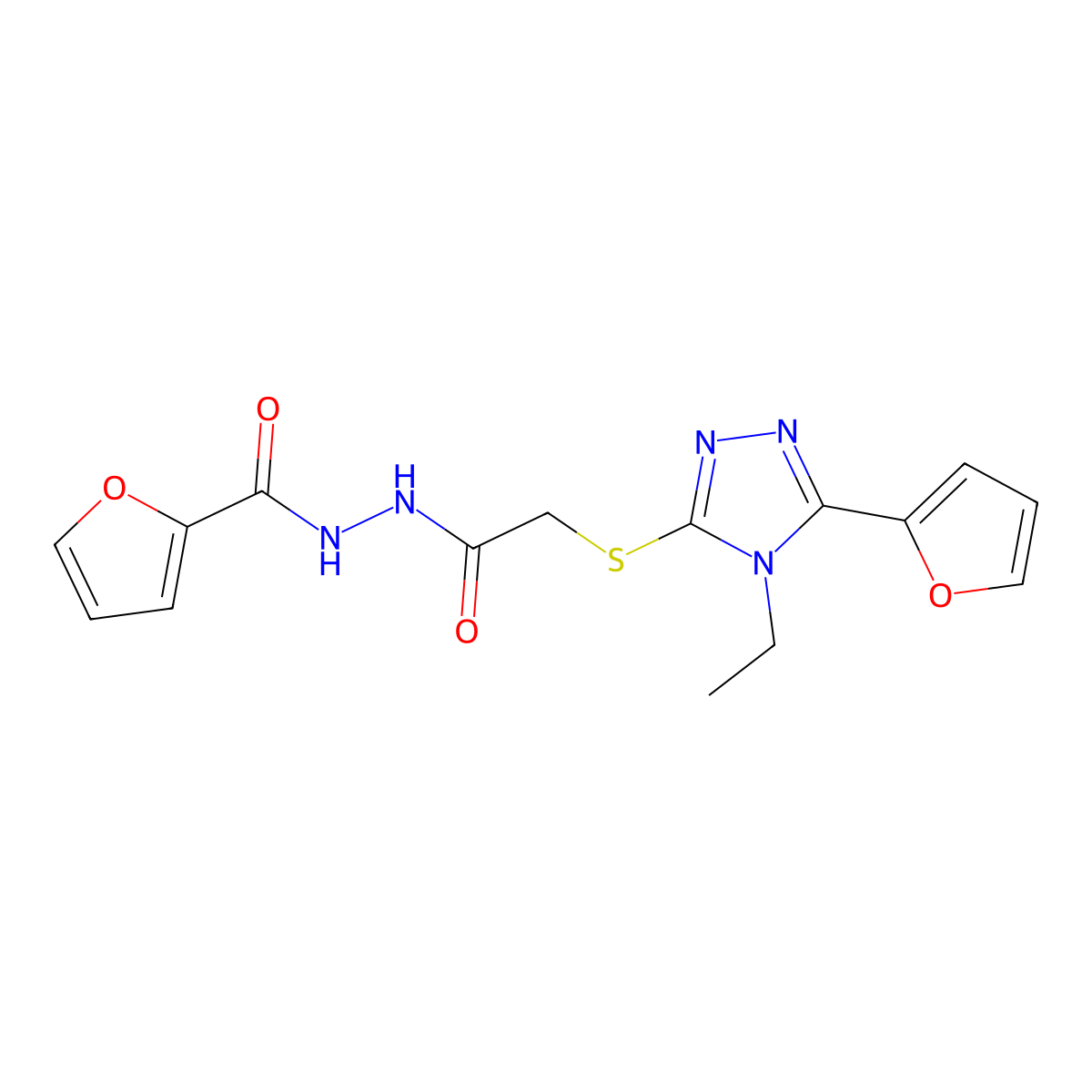 N'-[2-[[4-ethyl-5-(furan-2-yl)-1,2,4-triazol-3-yl]sulfanyl]acetyl]furan-2-carbohydrazide molecular structure, CAS 606111-69-7