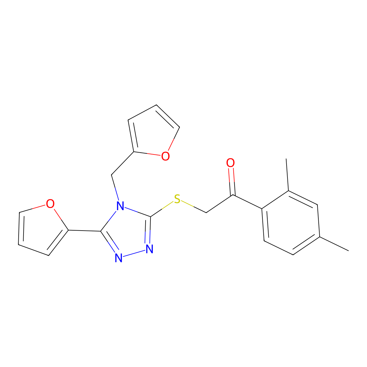 1-(2,4-Dimethylphenyl)-2-[[5-(furan-2-yl)-4-(furan-2-ylmethyl)-1,2,4-triazol-3-yl]sulfanyl]ethanone molecular structure, CAS 606111-83-5