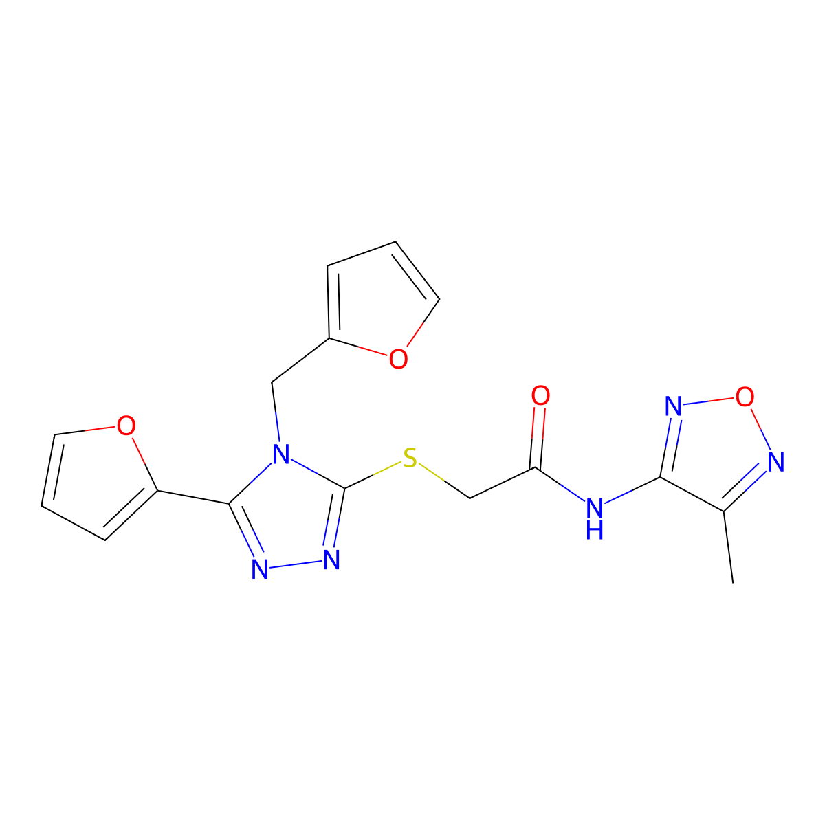 2-{[5-(2-Furyl)-4-(2-furylmethyl)-4H-1,2,4-triazol-3-yl]sulfanyl}-N-(4-methyl-1,2,5-oxadiazol-3-yl)acetamide molecular structure, CAS 606111-84-6