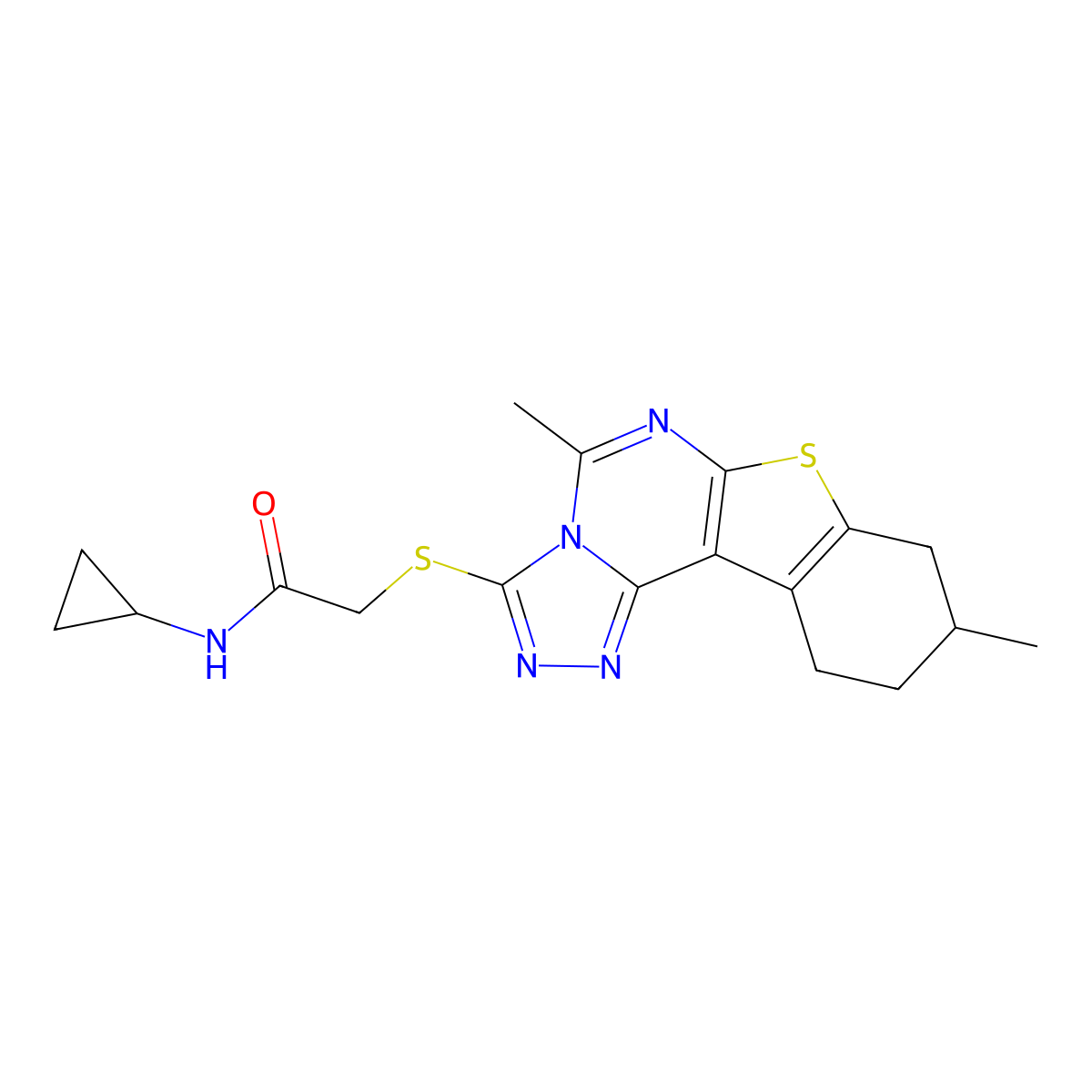 Acetamide,N-cyclopropyl-2-[(8,9,10,11-tetrahydro-5,9-dimethyl[1]benzothieno[3,2-E]-1,2,4-triazolo[4,3-C]pyrimidin-3-YL)thio]- molecular structure, CAS 606113-38-6