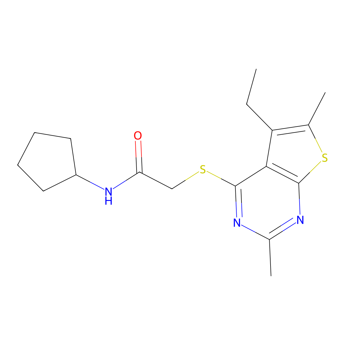 N-cyclopentyl-2-(5-ethyl-2,6-dimethylthieno[2,3-d]pyrimidin-4-yl)sulfanylacetamide molecular structure, CAS 606113-41-1