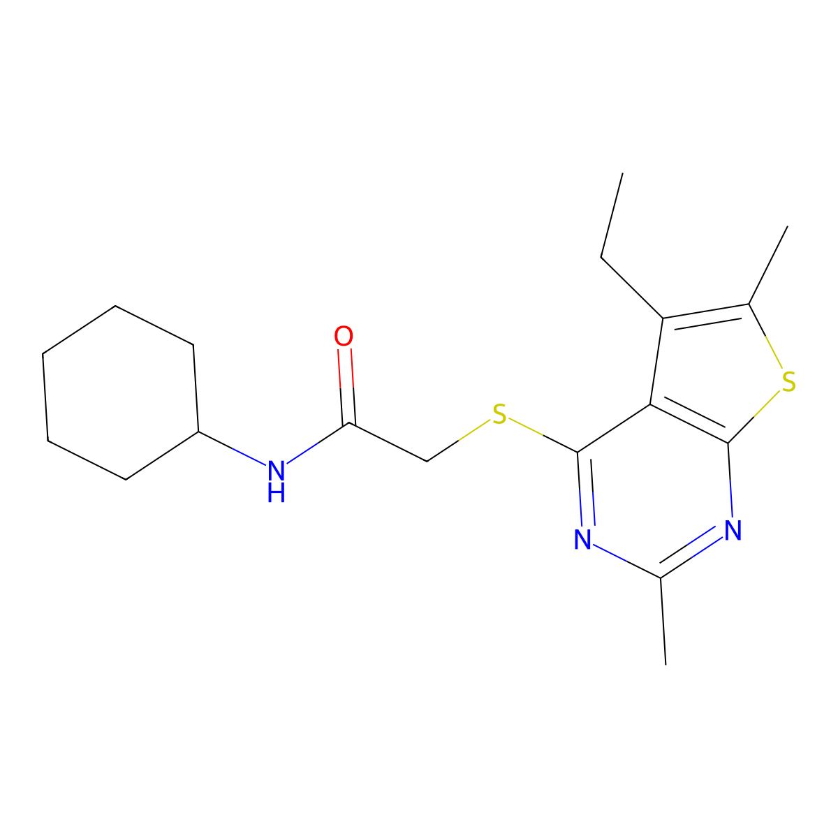 N-cyclohexyl-2-(5-ethyl-2,6-dimethylthieno[2,3-d]pyrimidin-4-yl)sulfanylacetamide molecular structure, CAS 606113-42-2