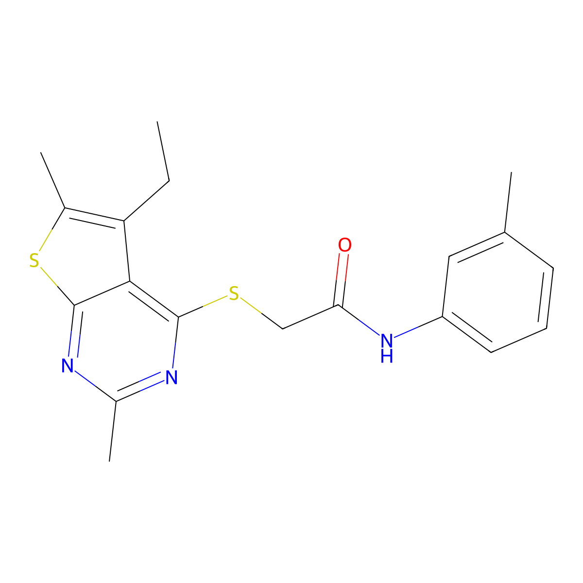 Acetamide,2-[(5-ethyl-2,6-dimethylthieno[2,3-D]pyrimidin-4-YL)thio]-N-(3-methylphenyl)- molecular structure, CAS 606113-46-6