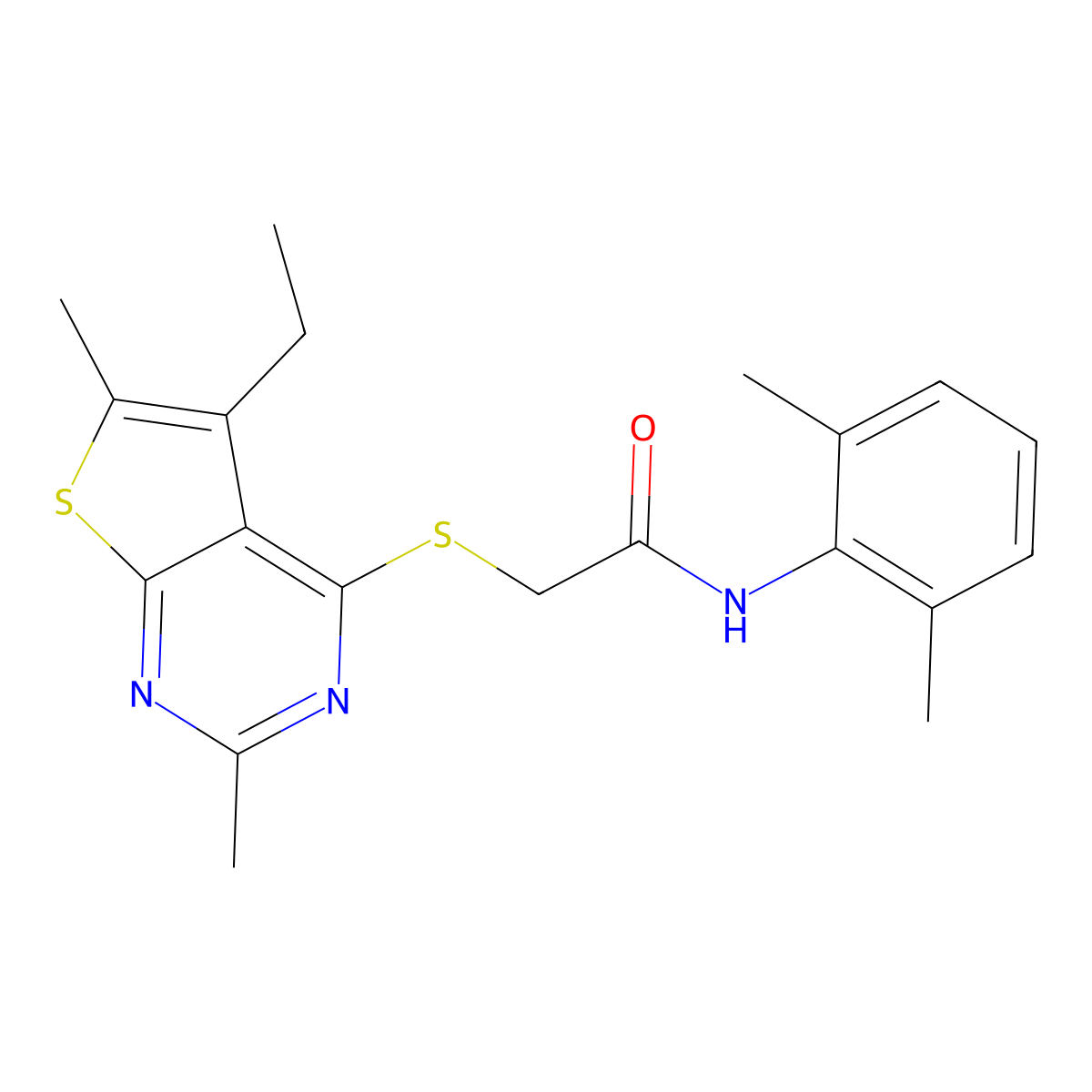 Acetamide,N-(2,6-dimethylphenyl)-2-[(5-ethyl-2,6-dimethylthieno[2,3-D]pyrimidin-4-YL)thio]- molecular structure, CAS 606113-49-9
