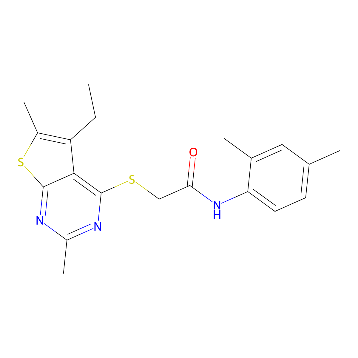 N-(2,4-dimethylphenyl)-2-(5-ethyl-2,6-dimethylthieno[2,3-d]pyrimidin-4-yl)sulfanylacetamide molecular structure, CAS 606113-50-2