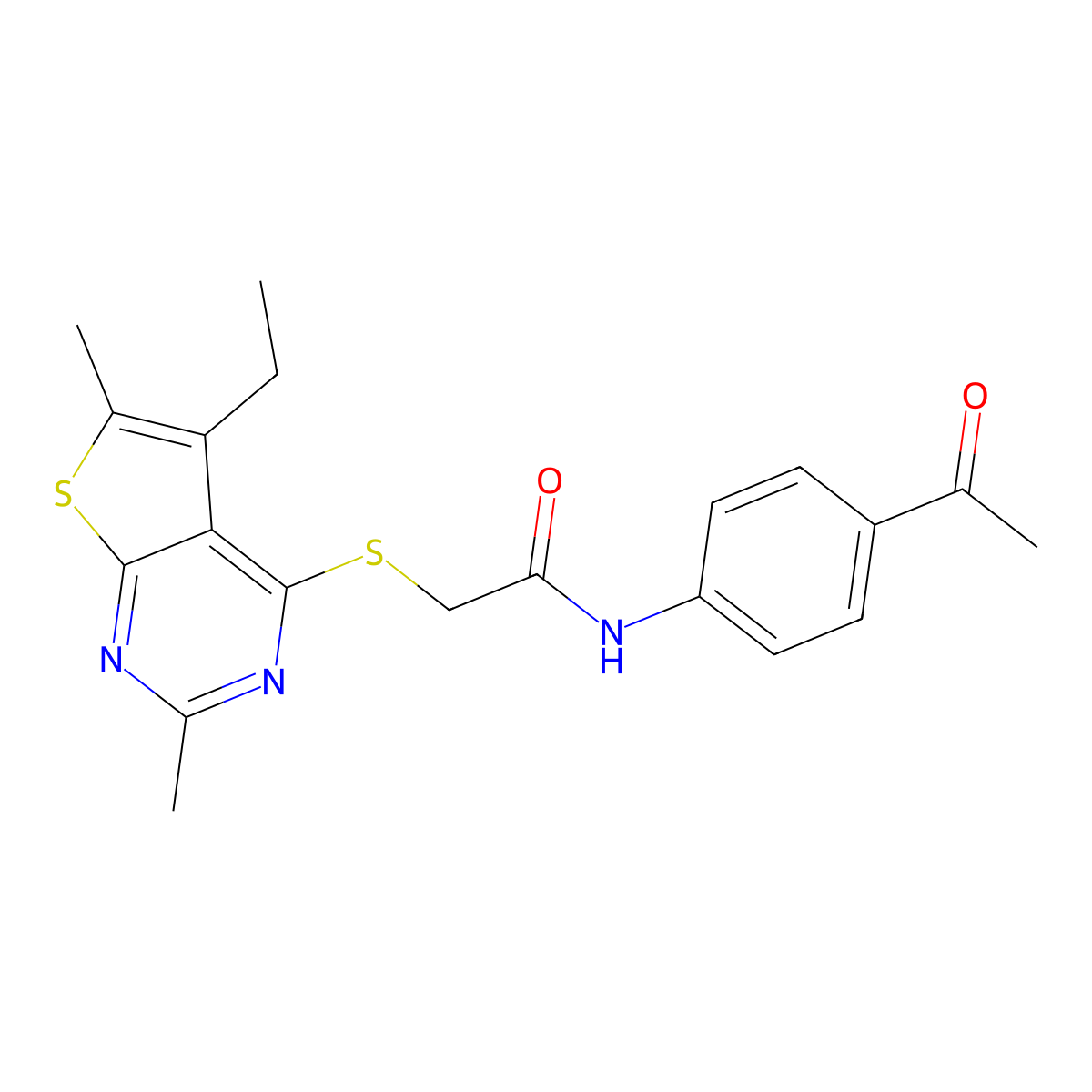 N-(4-acetylphenyl)-2-(5-ethyl-2,6-dimethylthieno[2,3-d]pyrimidin-4-yl)sulfanylacetamide molecular structure, CAS 606113-54-6