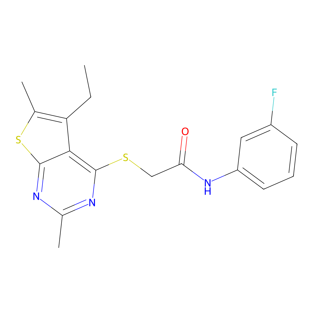 2-(5-ethyl-2,6-dimethylthieno[2,3-d]pyrimidin-4-yl)sulfanyl-N-(3-fluorophenyl)acetamide molecular structure, CAS 606113-55-7