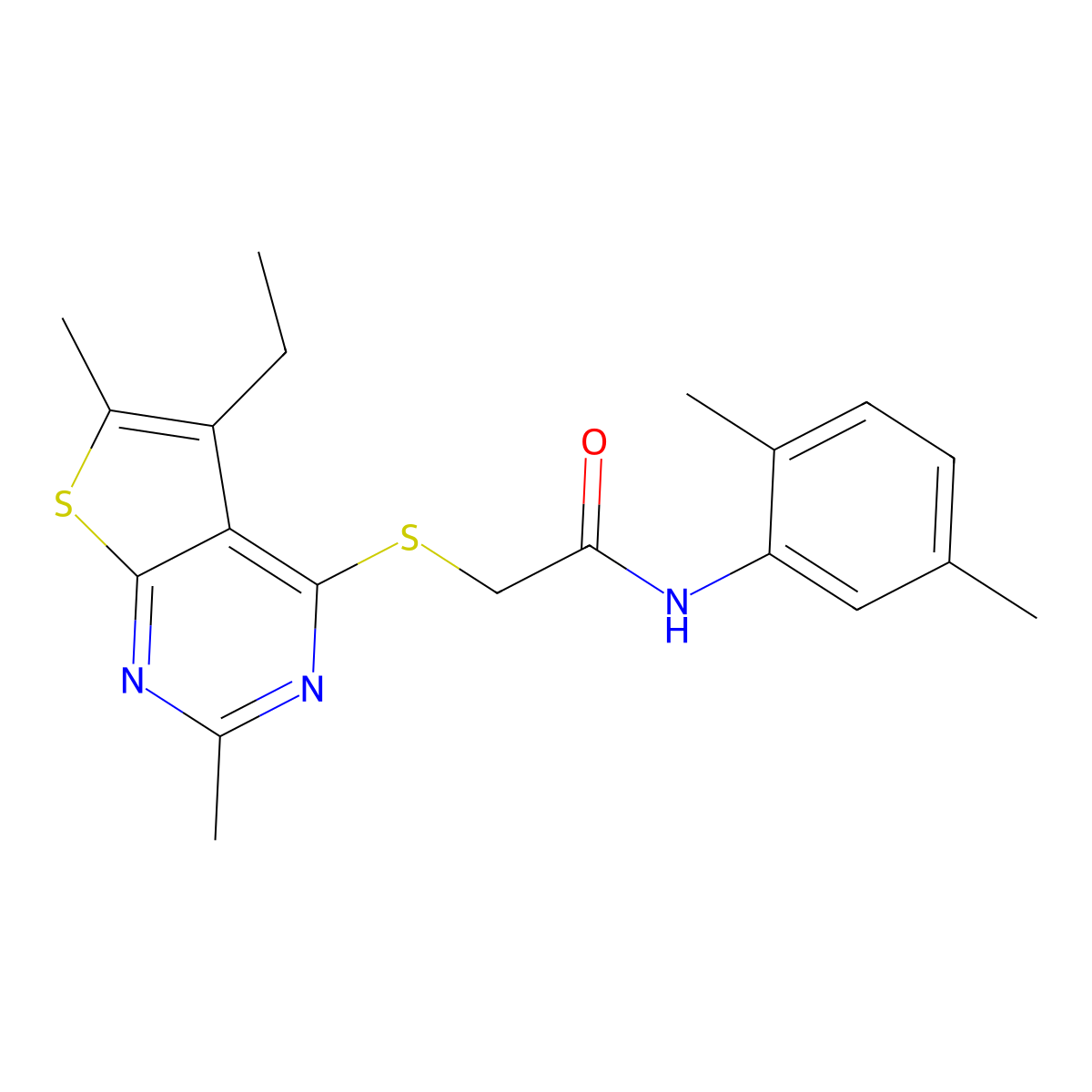 N-(2,5-dimethylphenyl)-2-(5-ethyl-2,6-dimethylthieno[2,3-d]pyrimidin-4-yl)sulfanylacetamide molecular structure, CAS 606113-59-1