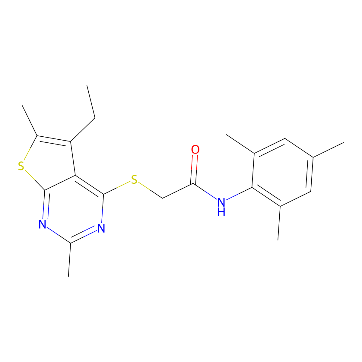 Acetamide,2-[(5-ethyl-2,6-dimethylthieno[2,3-D]pyrimidin-4-YL)thio]-N-(2,4,6-trimethylphenyl)- molecular structure, CAS 606113-60-4