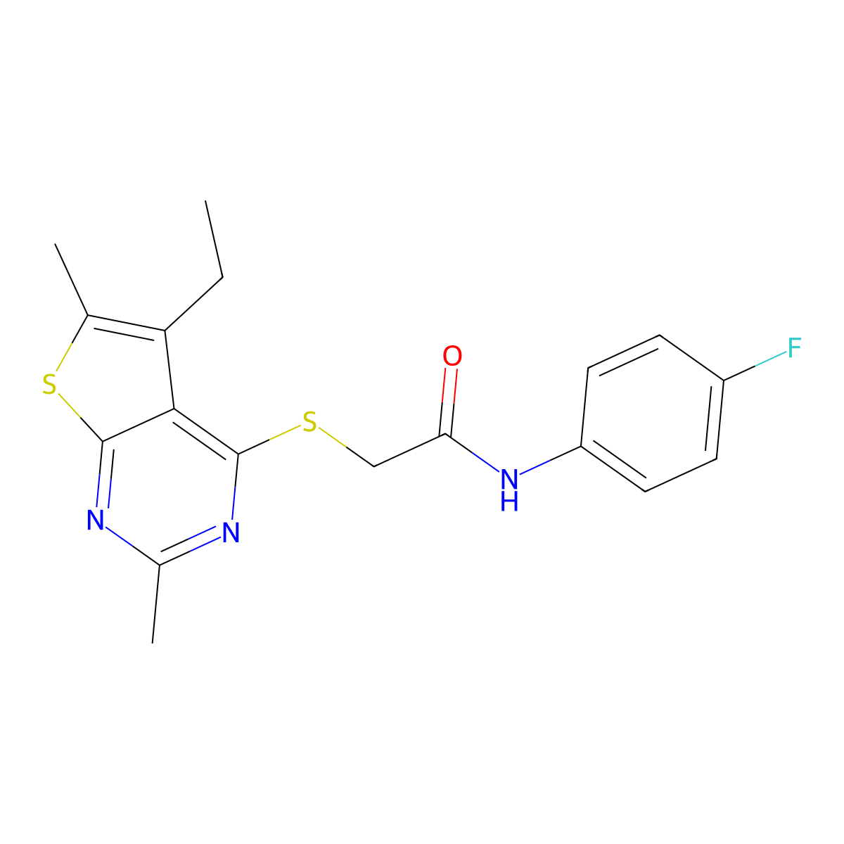 2-(5-ethyl-2,6-dimethylthieno[2,3-d]pyrimidin-4-yl)sulfanyl-N-(4-fluorophenyl)acetamide molecular structure, CAS 606113-62-6