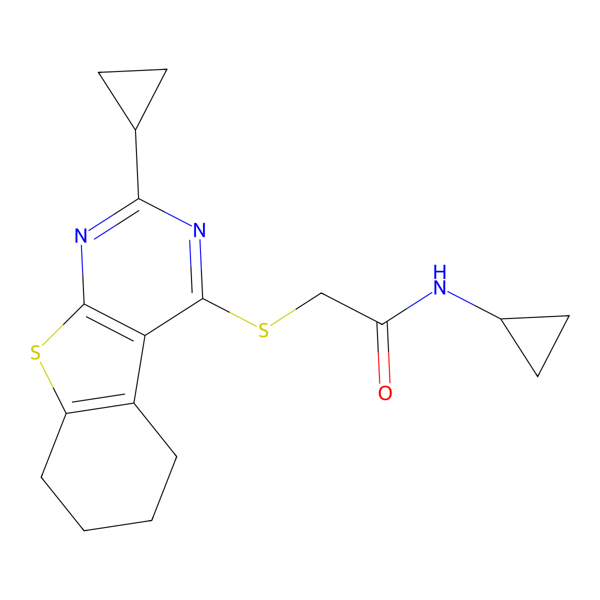N-cyclopropyl-2-[(2-cyclopropyl-5,6,7,8-tetrahydro-[1]benzothiolo[2,3-d]pyrimidin-4-yl)sulfanyl]acetamide molecular structure, CAS 606113-64-8