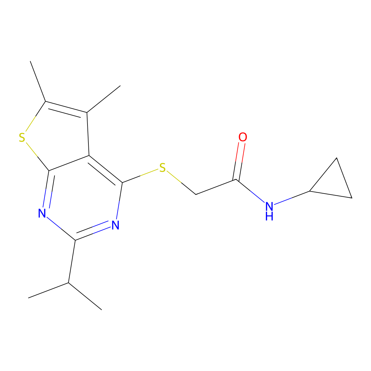 N-Cyclopropyl-2-(2-isopropyl-5,6-dimethyl-thieno[2,3-d]pyrimidin-4-ylsulfanyl)-acetamide molecular structure, CAS 606113-65-9