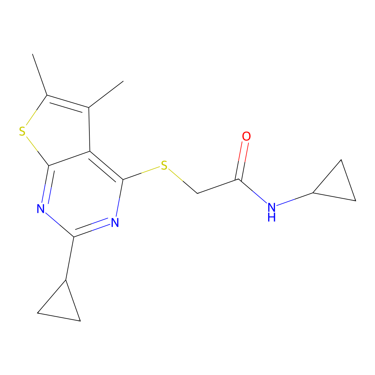 N-cyclopropyl-2-(2-cyclopropyl-5,6-dimethylthieno[2,3-d]pyrimidin-4-yl)sulfanylacetamide molecular structure, CAS 606113-66-0