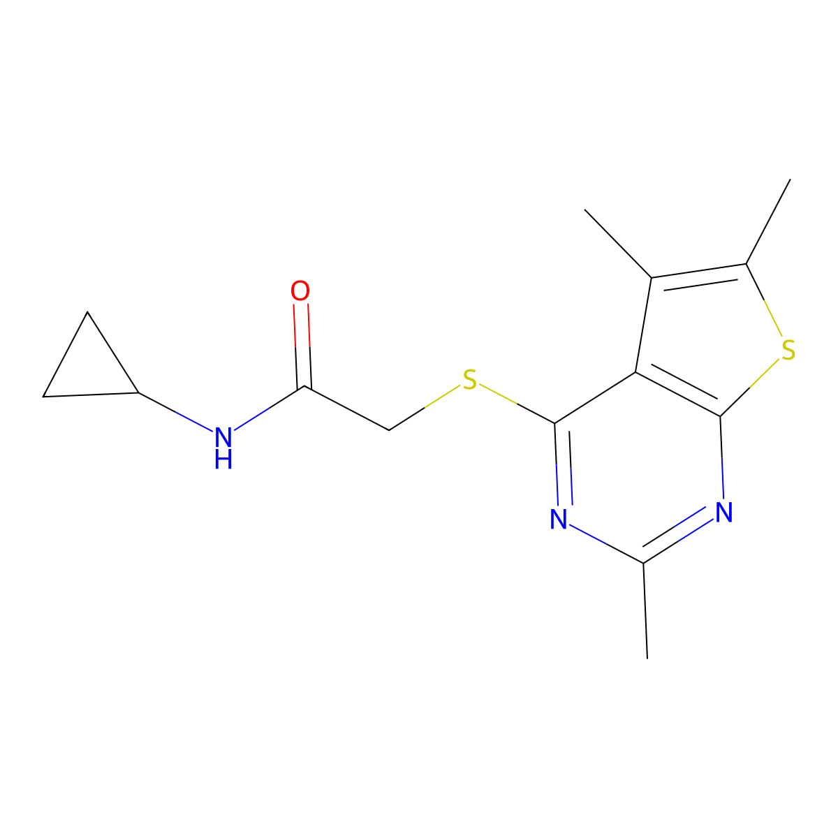N-Cyclopropyl-2-(2,5,6-trimethyl-thieno[2,3-d]pyrimidin-4-ylsulfanyl)-acetamide molecular structure, CAS 606113-67-1