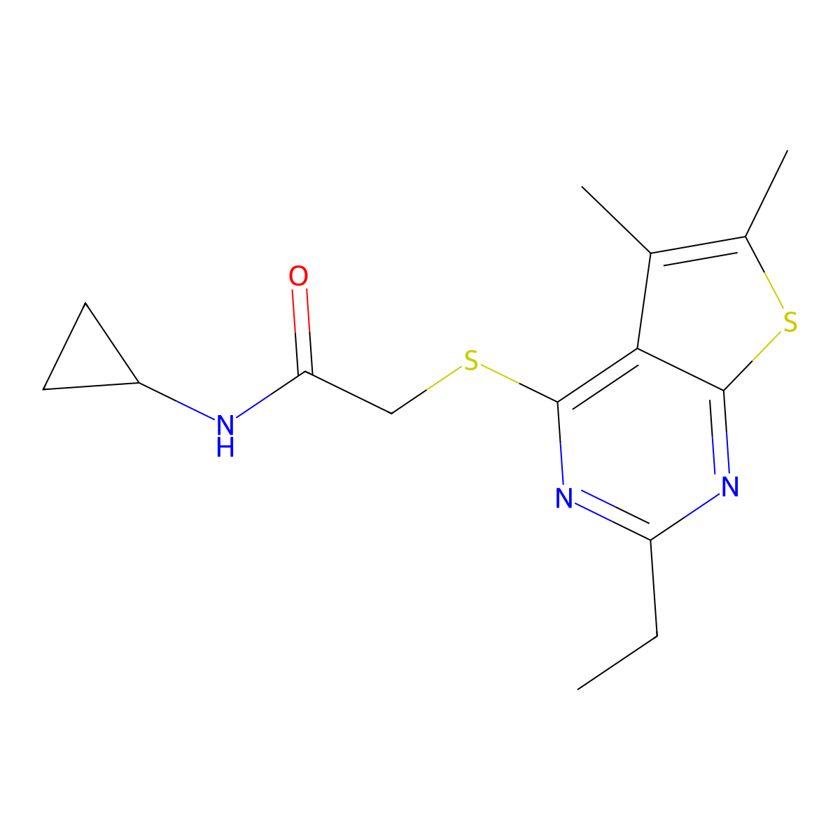 N-Cyclopropyl-2-(2-ethyl-5,6-dimethyl-thieno[2,3-d]pyrimidin-4-ylsulfanyl)-acetamide molecular structure, CAS 606113-69-3