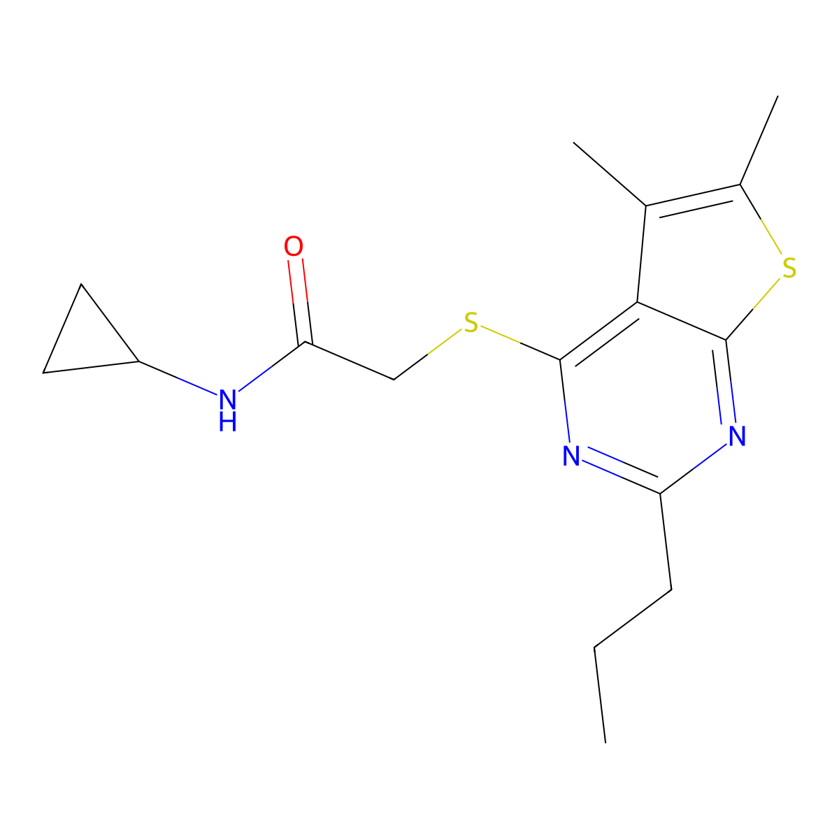 N-Cyclopropyl-2-(5,6-dimethyl-2-propyl-thieno[2,3-d]pyrimidin-4-ylsulfanyl)-acetamide molecular structure, CAS 606113-70-6