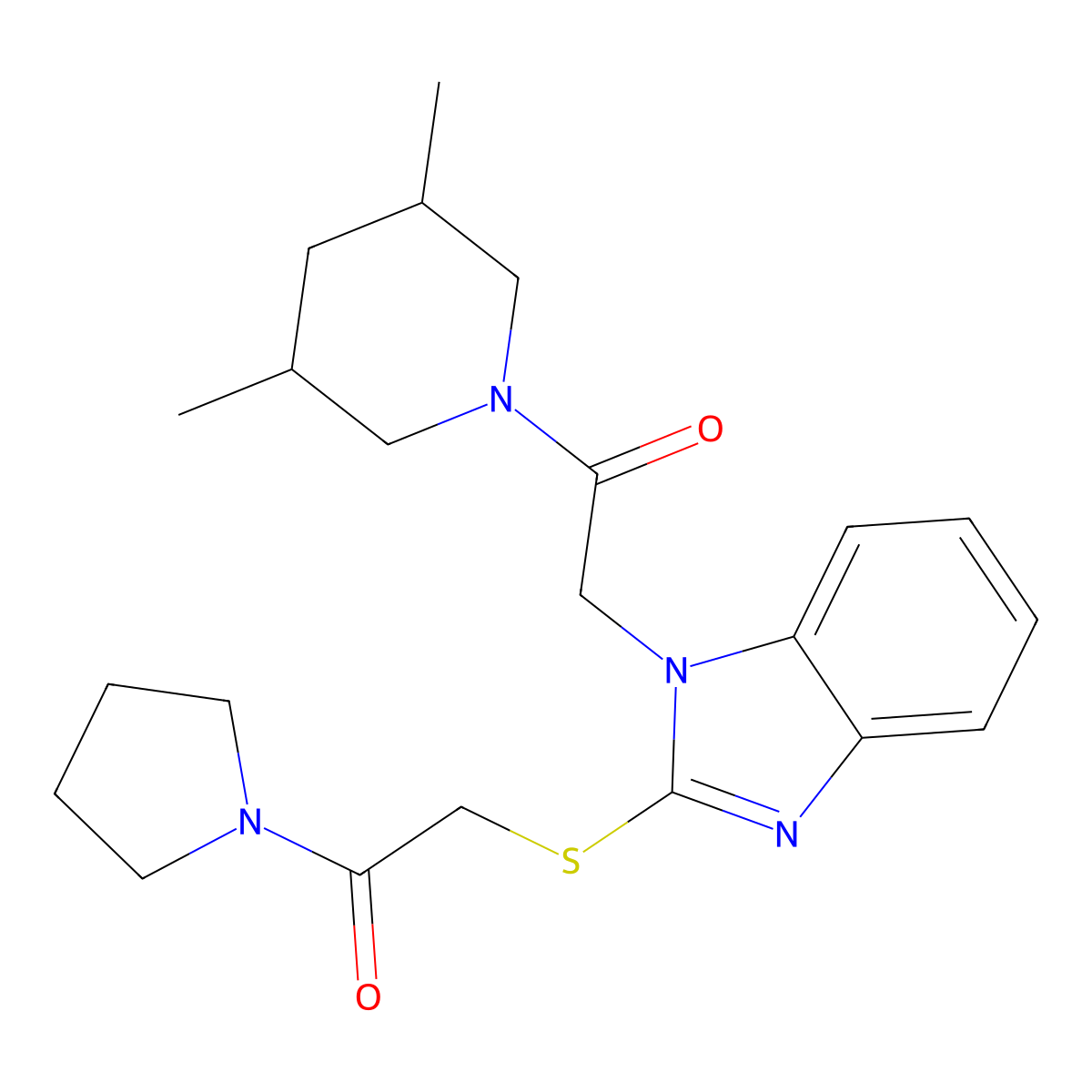 1-(3,5-Dimethylpiperidin-1-yl)-2-[2-(2-oxo-2-pyrrolidin-1-ylethyl)sulfanylbenzimidazol-1-yl]ethanone molecular structure, CAS 606117-50-4