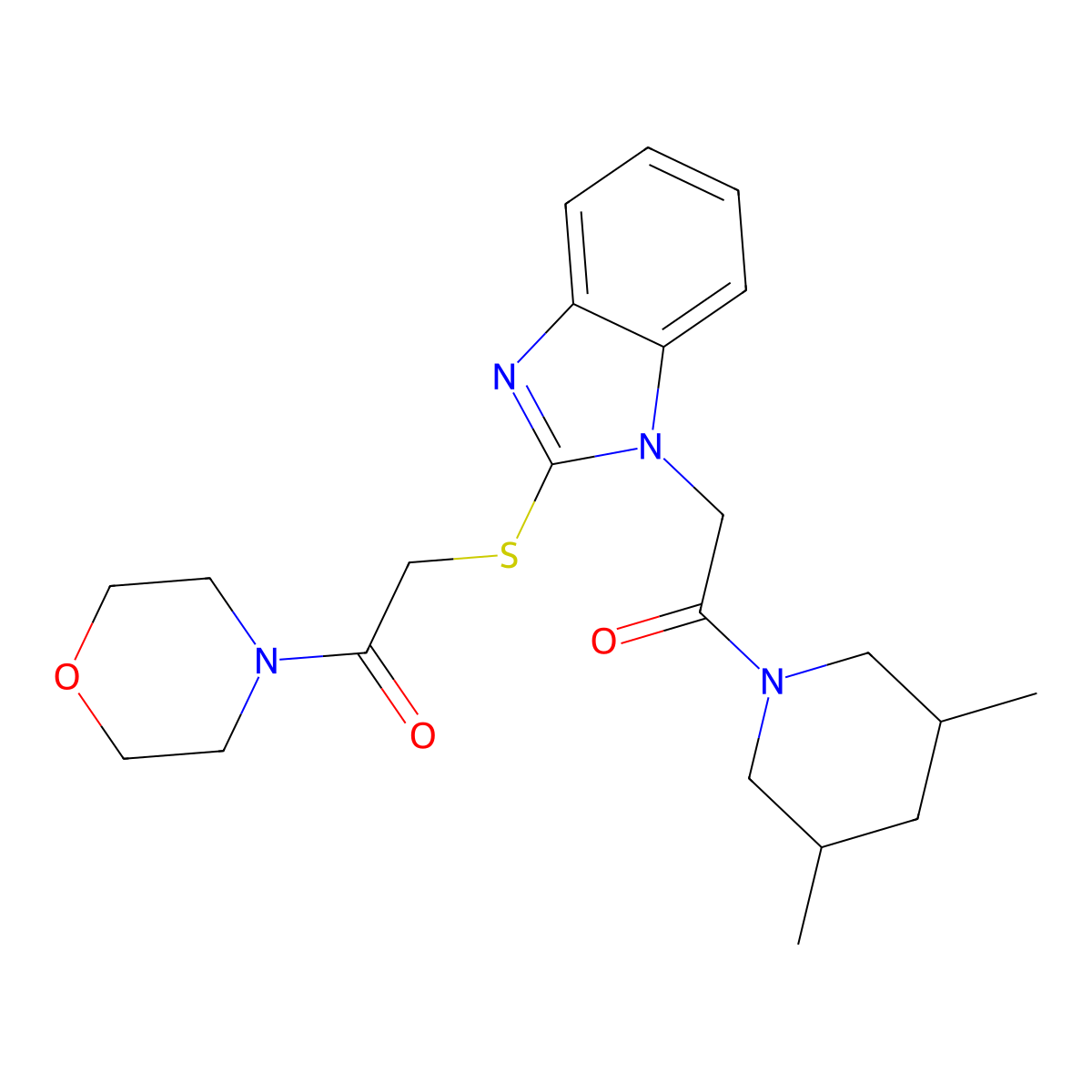 Morpholine, 4-[[[1-[2-(3,5-dimethyl-1-piperidinyl)-2-oxoethyl]-1H-benzimidazol-2-YL]thio]acetyl]- molecular structure, CAS 606117-51-5