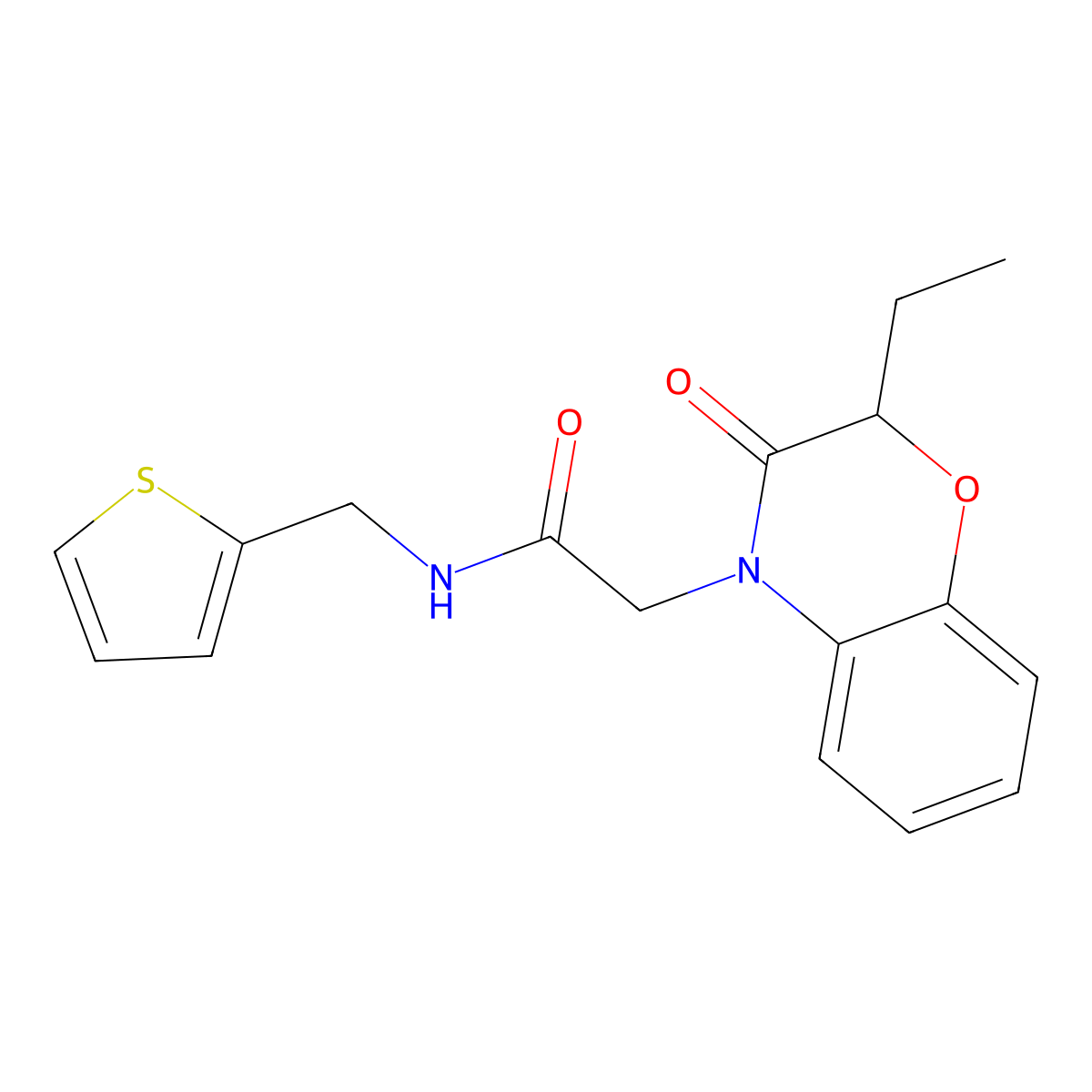 4H-1,4-Benzoxazine-4-acetamide, 2-ethyl-2,3-dihydro-3-oxo-N-(2-thienylmethyl)- molecular structure, CAS 606119-30-6