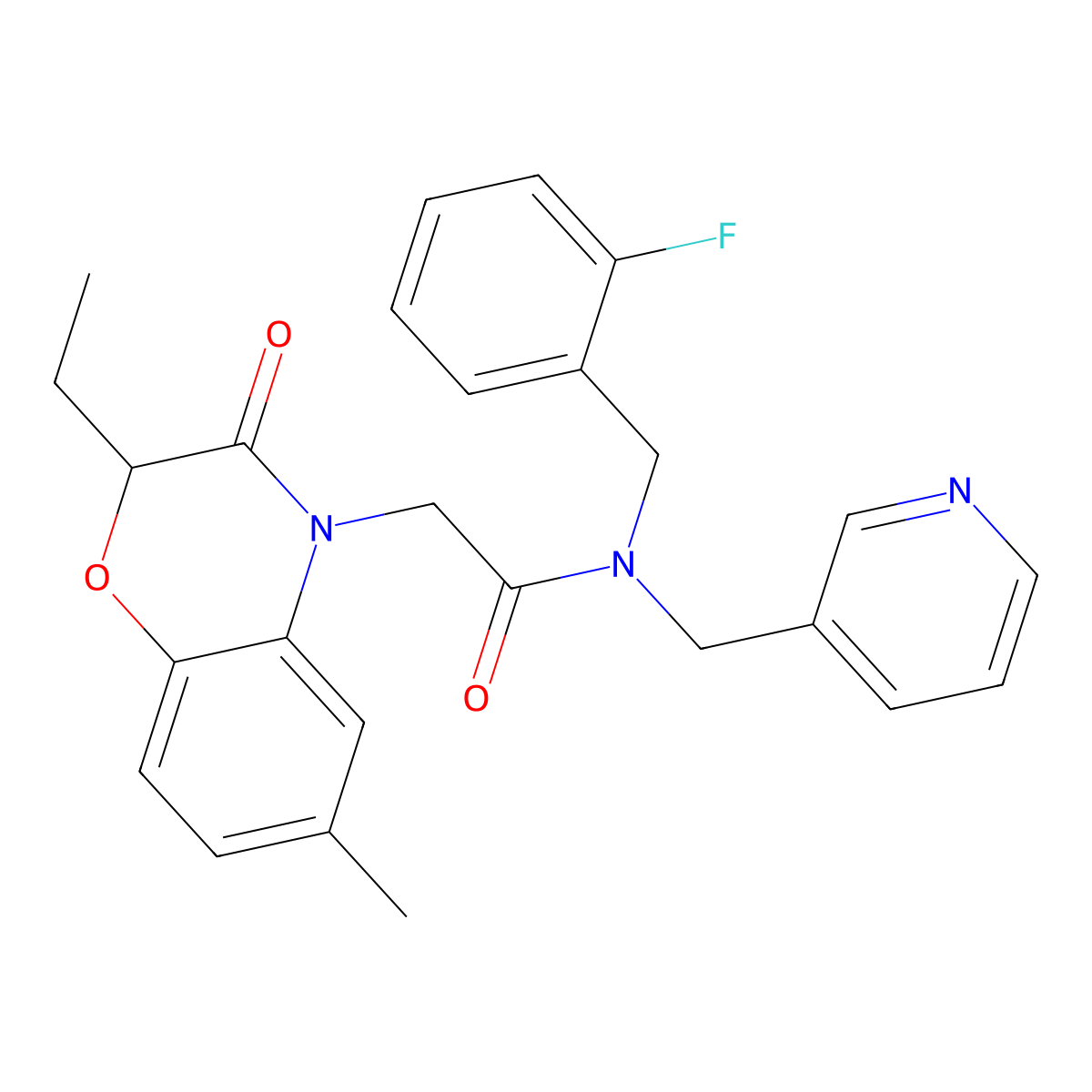 4H-1,4-Benzoxazine-4-acetamide, 2-ethyl-N-[(2-fluorophenyl)methyl]-2,3-dihydro-6-methyl-3-oxo-N-(3-pyridinylmethyl)- molecular structure, CAS 606120-46-1