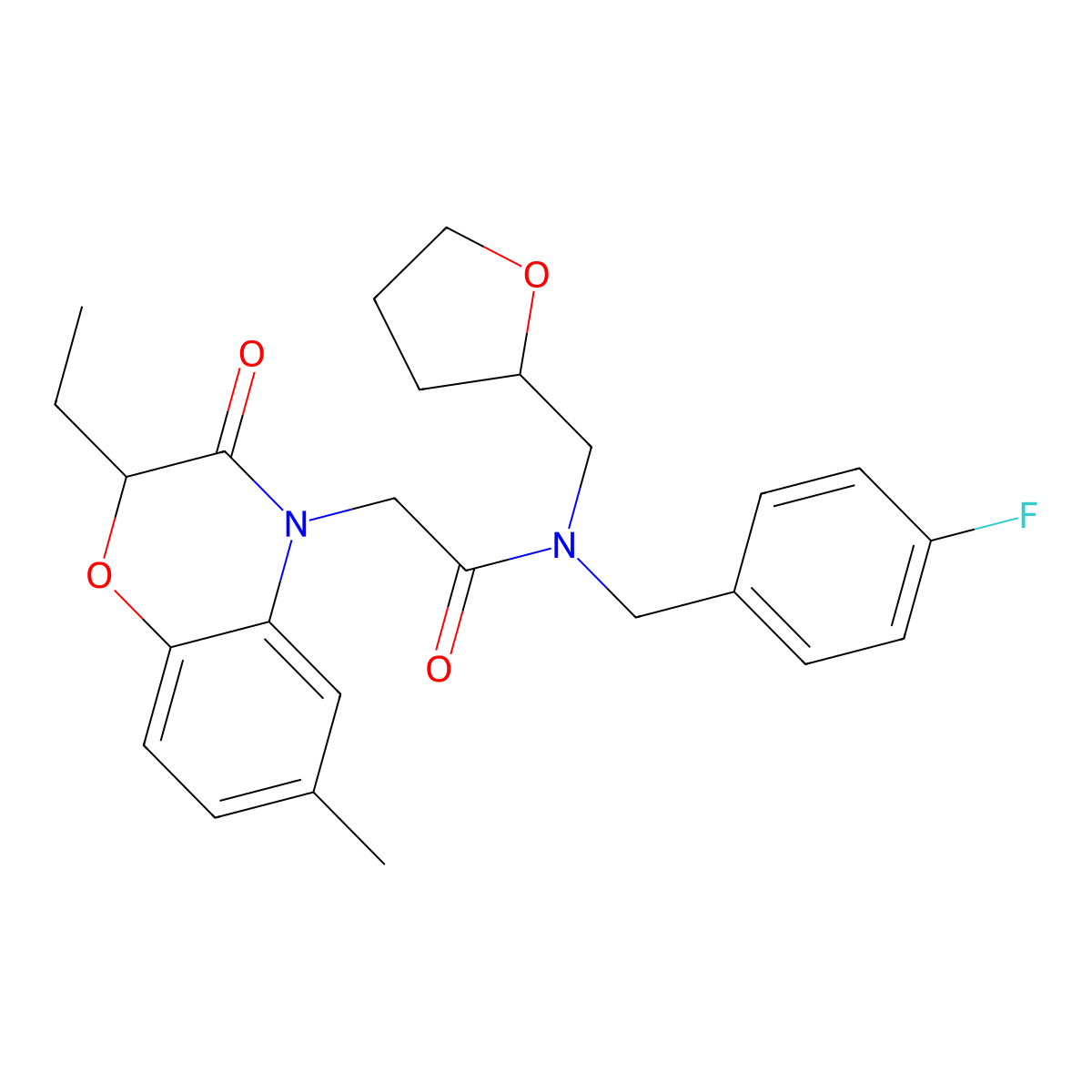 2-(2-ethyl-6-methyl-3-oxo-1,4-benzoxazin-4-yl)-N-[(4-fluorophenyl)methyl]-N-(oxolan-2-ylmethyl)acetamide molecular structure, CAS 606120-53-0
