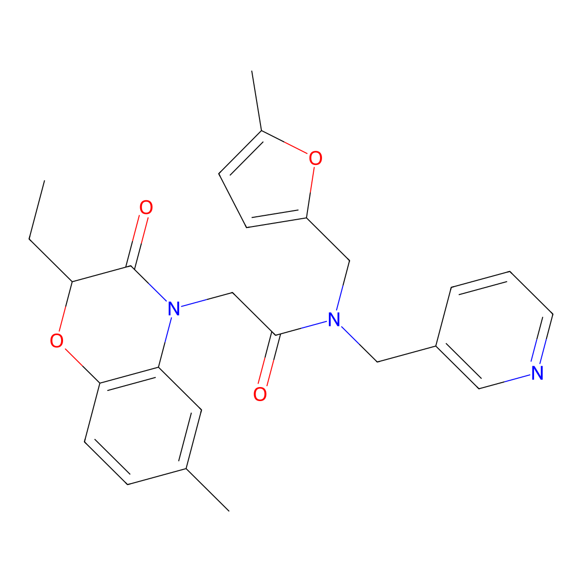2-(2-ethyl-6-methyl-3-oxo-1,4-benzoxazin-4-yl)-N-[(5-methyl-2-furanyl)methyl]-N-(3-pyridinylmethyl)acetamide molecular structure, CAS 606120-57-4