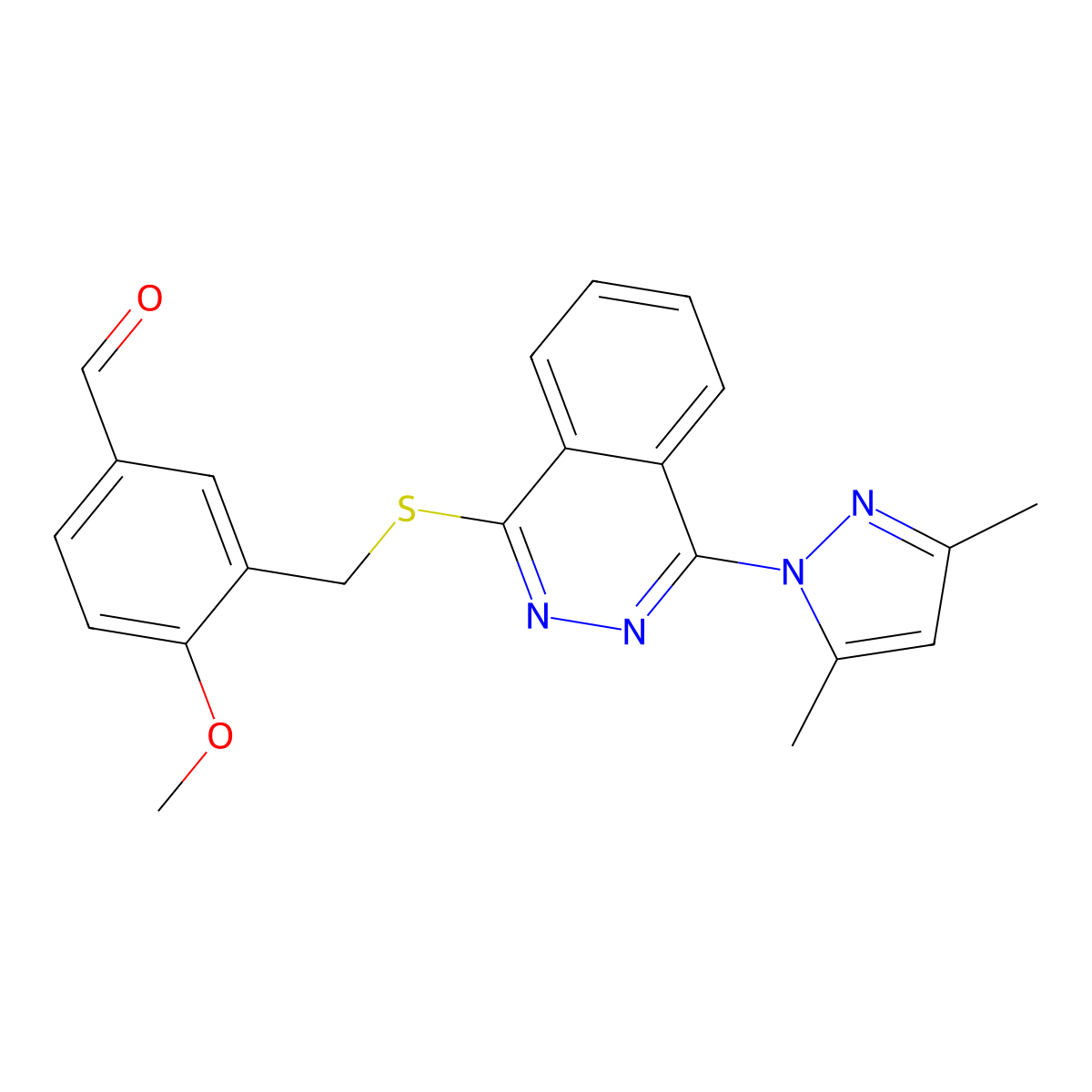 Benzaldehyde, 3-[[[4-(3,5-dimethyl-1H-pyrazol-1-YL)-1-phthalazinyl]thio]methyl]-4-methoxy- molecular structure, CAS 606122-39-8