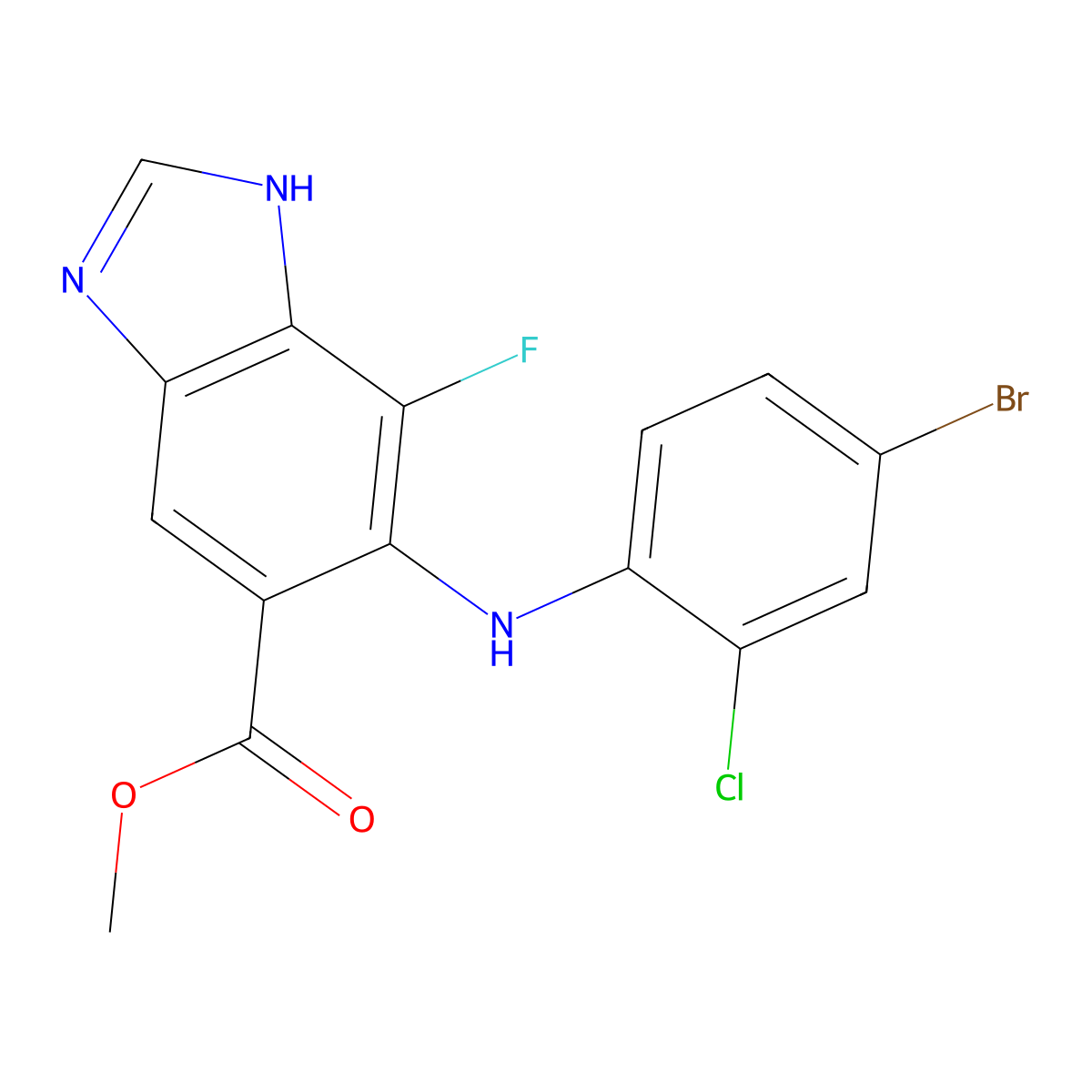 Methyl 6-((4-bromo-2-chlorophenyl)amino)-7-fluoro-1H-benzo[d]imidazole-5-carboxylate molecular structure, CAS 606143-46-8