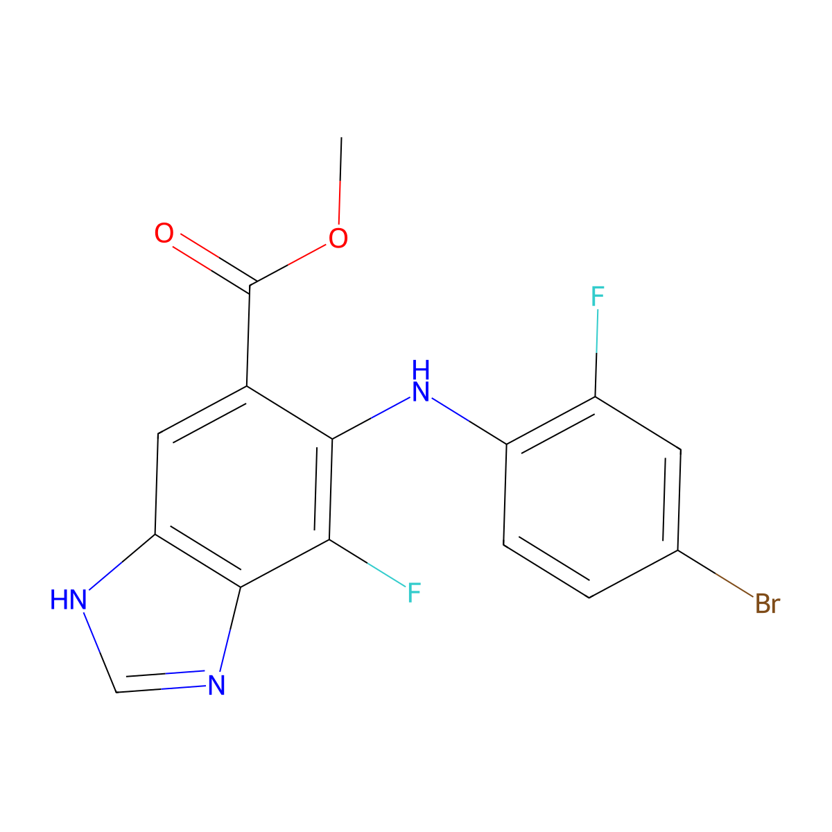 Methyl 5-((4-bromo-2-fluorophenyl)amino)-4-fluoro-1H-benzo[d]imidazole-6-carboxylate molecular structure, CAS 606143-48-0