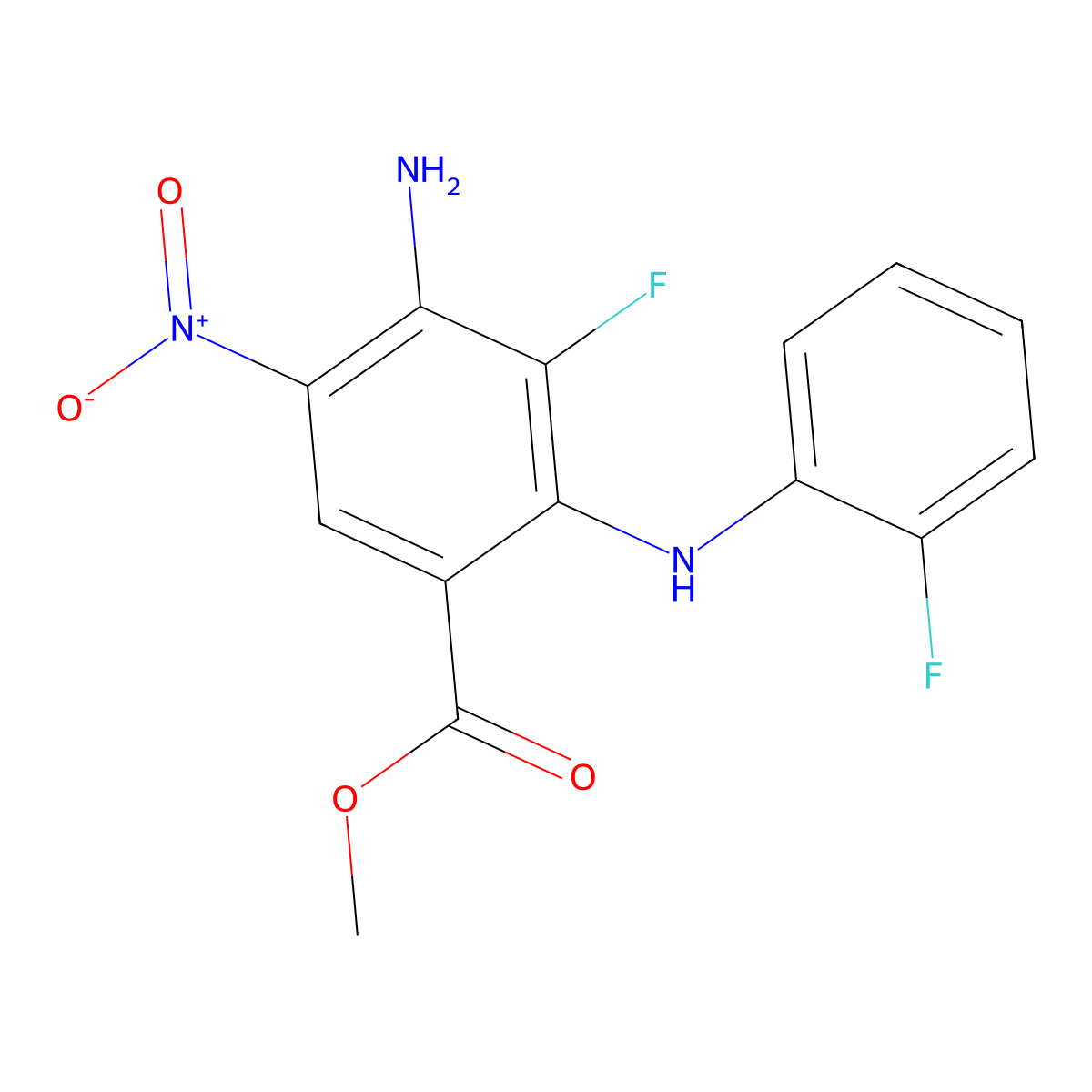 Methyl 4-amino-3-fluoro-2-((2-fluorophenyl)amino)-5-nitrobenzoate molecular structure, CAS 606143-94-6