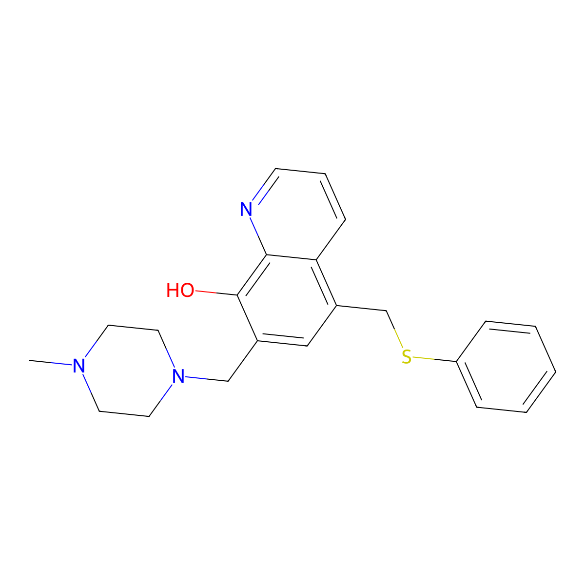 7-(4-Methyl-piperazin-1-ylmethyl)-5-phenylsulfanylmethyl-quinolin-8-ol molecular structure, CAS 6064-31-9