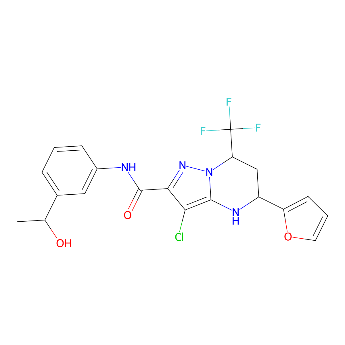 3-Chloro-5-(furan-2-yl)-N-[3-(1-hydroxyethyl)phenyl]-7-(trifluoromethyl)-4,5,6,7-tetrahydropyrazolo[1,5-a]pyrimidine-2-carboxamide molecular structure, CAS 6065-85-6