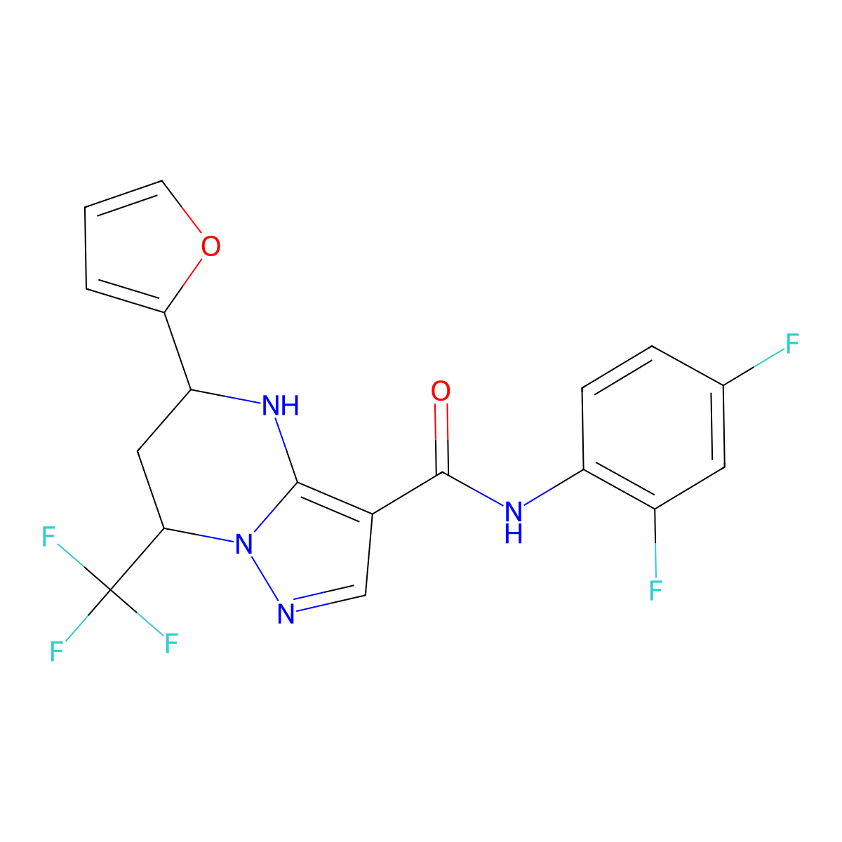 N-(2,4-Difluorophenyl)-5-(furan-2-yl)-7-(trifluoromethyl)-4,5,6,7-tetrahydropyrazolo[1,5-a]pyrimidine-3-carboxamide molecular structure, CAS 6066-06-4