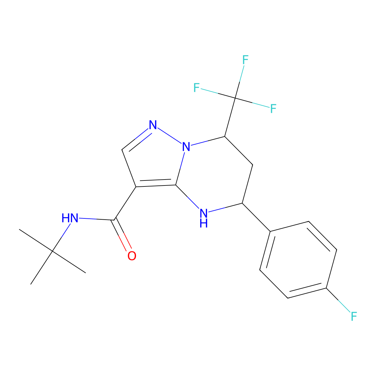 N-(tert-butyl)-5-(4-fluorophenyl)-7-(trifluoromethyl)-4,5,6,7-tetrahydropyrazolo[1,5-a]pyrimidine-3-carboxamide molecular structure, CAS 6066-27-9