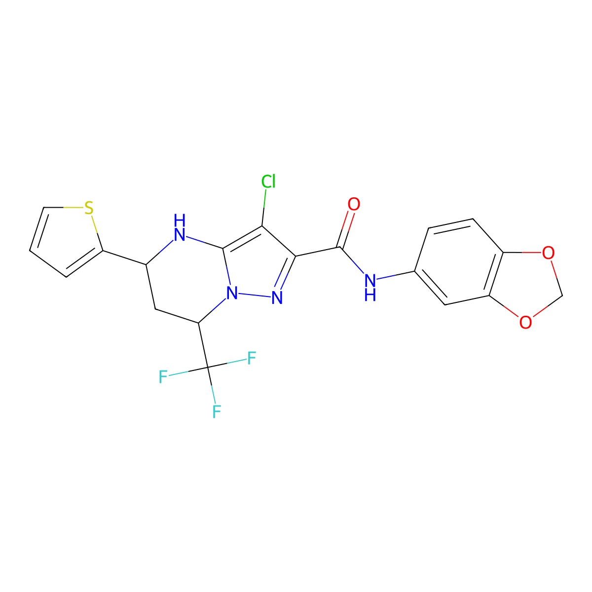 N-(2H-1,3-Benzodioxol-5-yl)-3-chloro-5-(thiophen-2-yl)-7-(trifluoromethyl)-1,5,6,7-tetrahydropyrazolo[1,5-a]pyrimidine-2-carboxamide molecular structure, CAS 6066-93-9