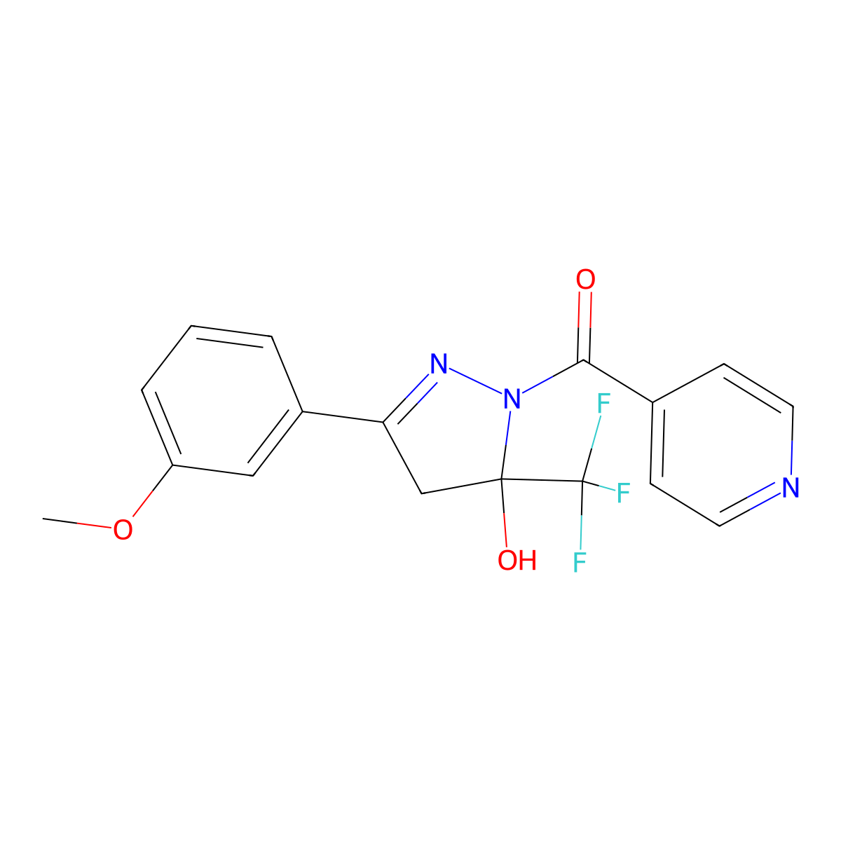 [5-Hydroxy-3-(3-methoxyphenyl)-5-(trifluoromethyl)-4,5-dihydro-1H-pyrazol-1-yl](pyridin-4-yl)methanone molecular structure, CAS 6067-20-5