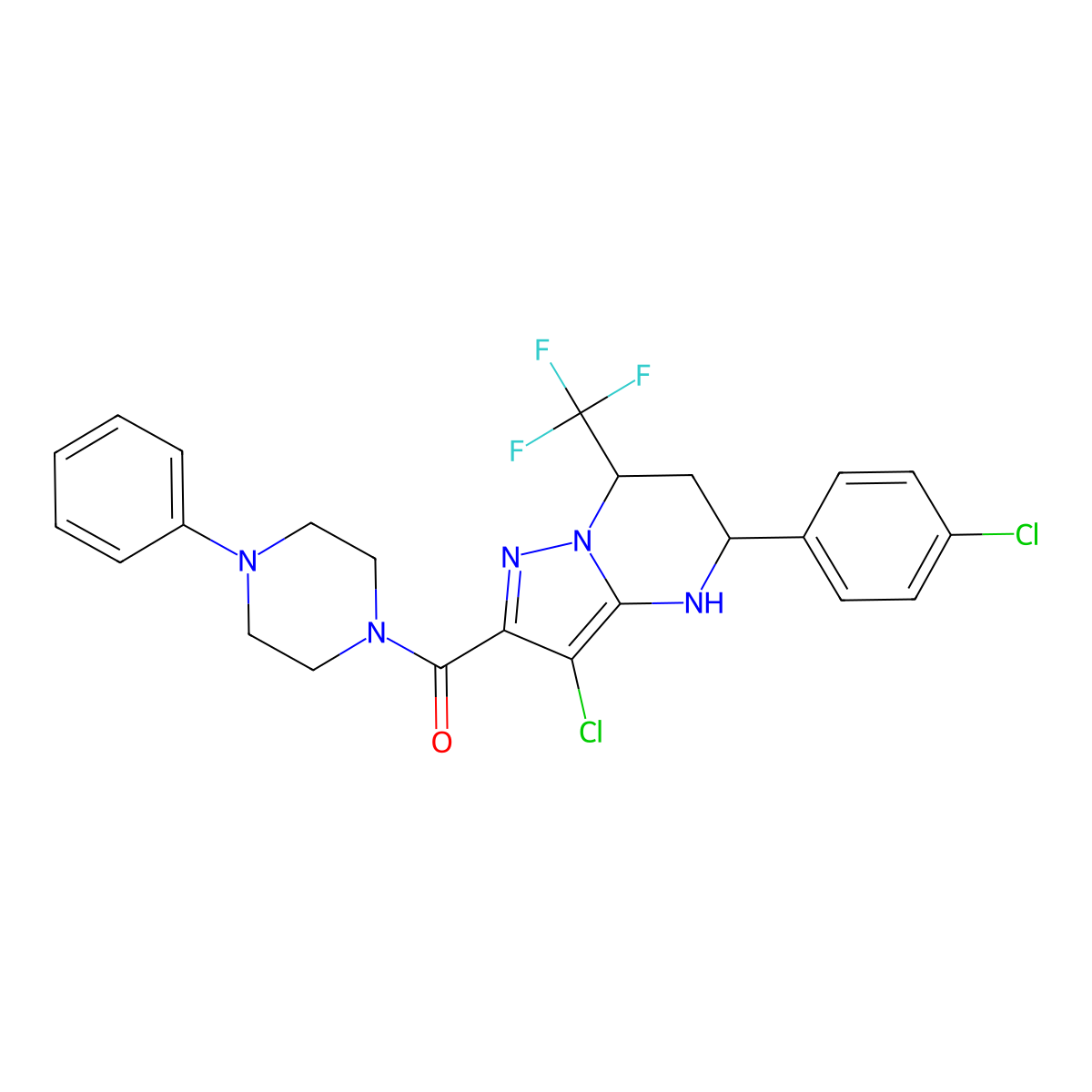 [3-Chloro-5-(4-chlorophenyl)-7-(trifluoromethyl)-4,5,6,7-tetrahydropyrazolo[1,5-a]pyrimidin-2-yl](4-phenylpiperazin-1-yl)methanone molecular structure, CAS 6068-19-5